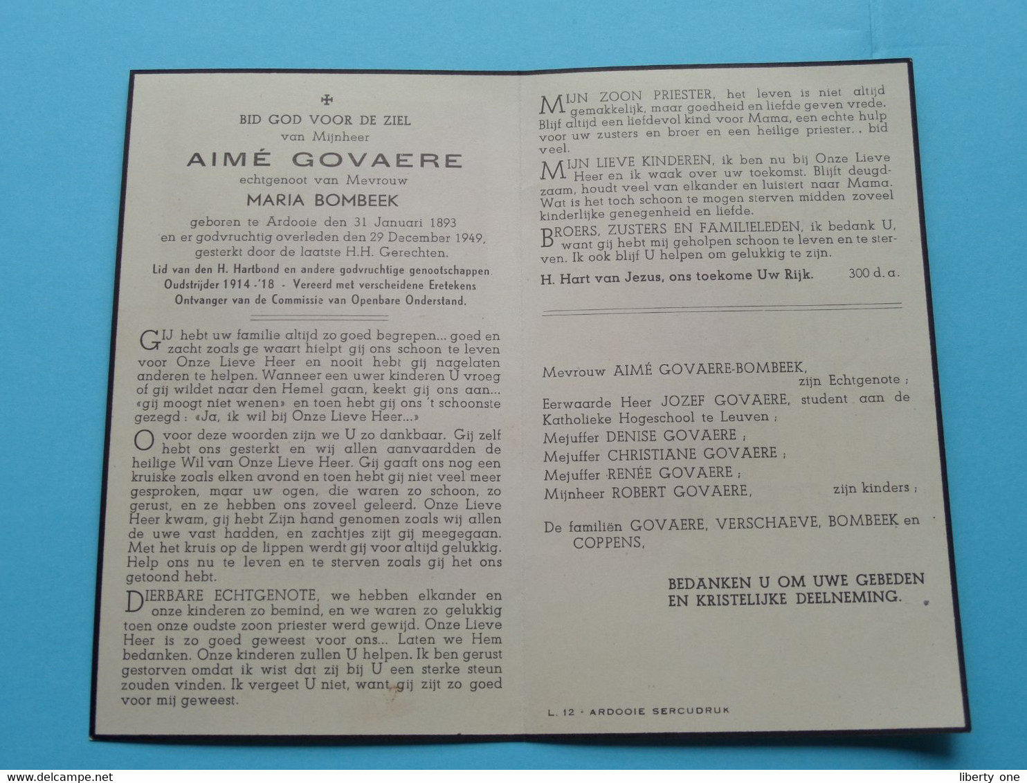 DP Aimé GOVAERE ( Maria Bombeek ) Ardooie 31 Jan 1893 - 29 Dec 1949 ( Zie Foto's ) ! - Obituary Notices