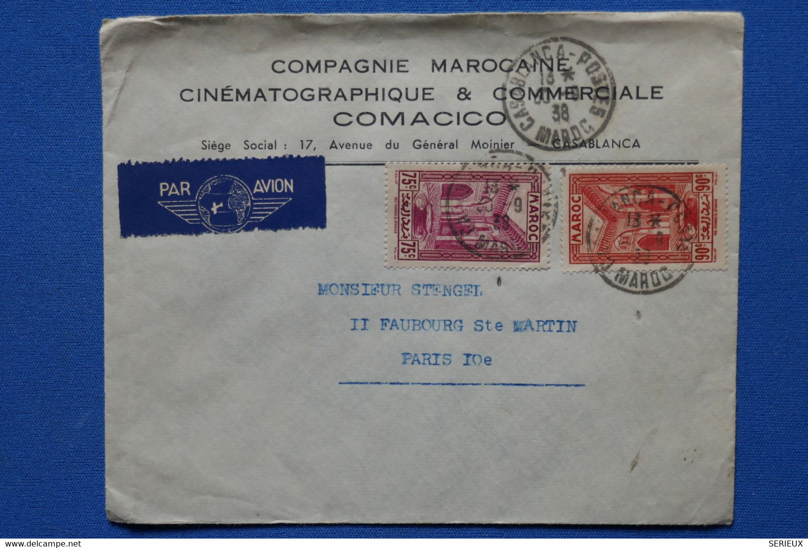 T9 MAROC BELLE LETTRE 1938 PAR  AVION CASABLANCA A PARIS +AFFRANCH. INTERESSANT - Storia Postale