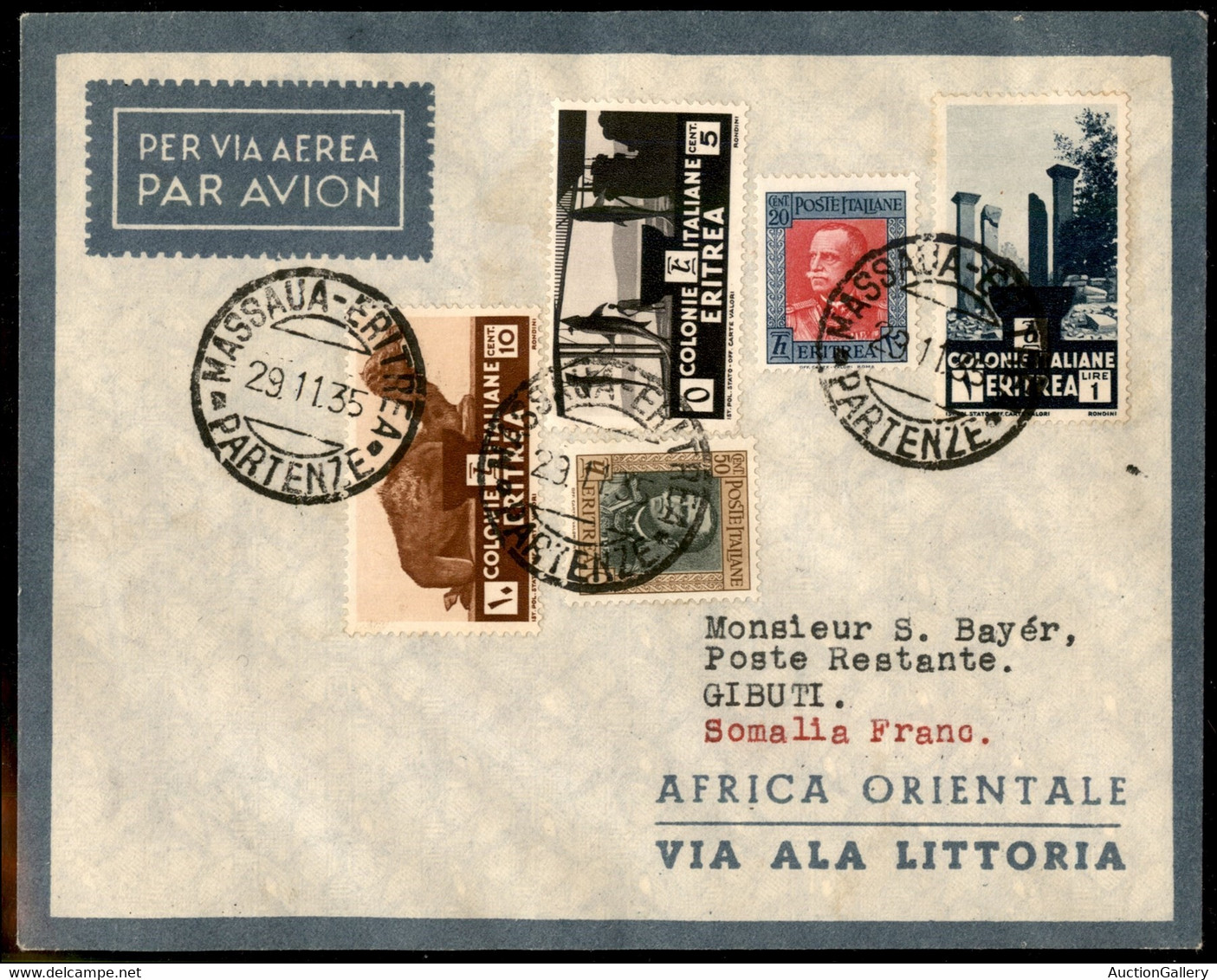 AEROGRAMMI - PRIMI VOLI - 1935 (29 Novembre) - Massaua Djibouti - Longhi 3377 - Ala Littoria - Primo Volo - 10 Volati -  - Autres & Non Classés