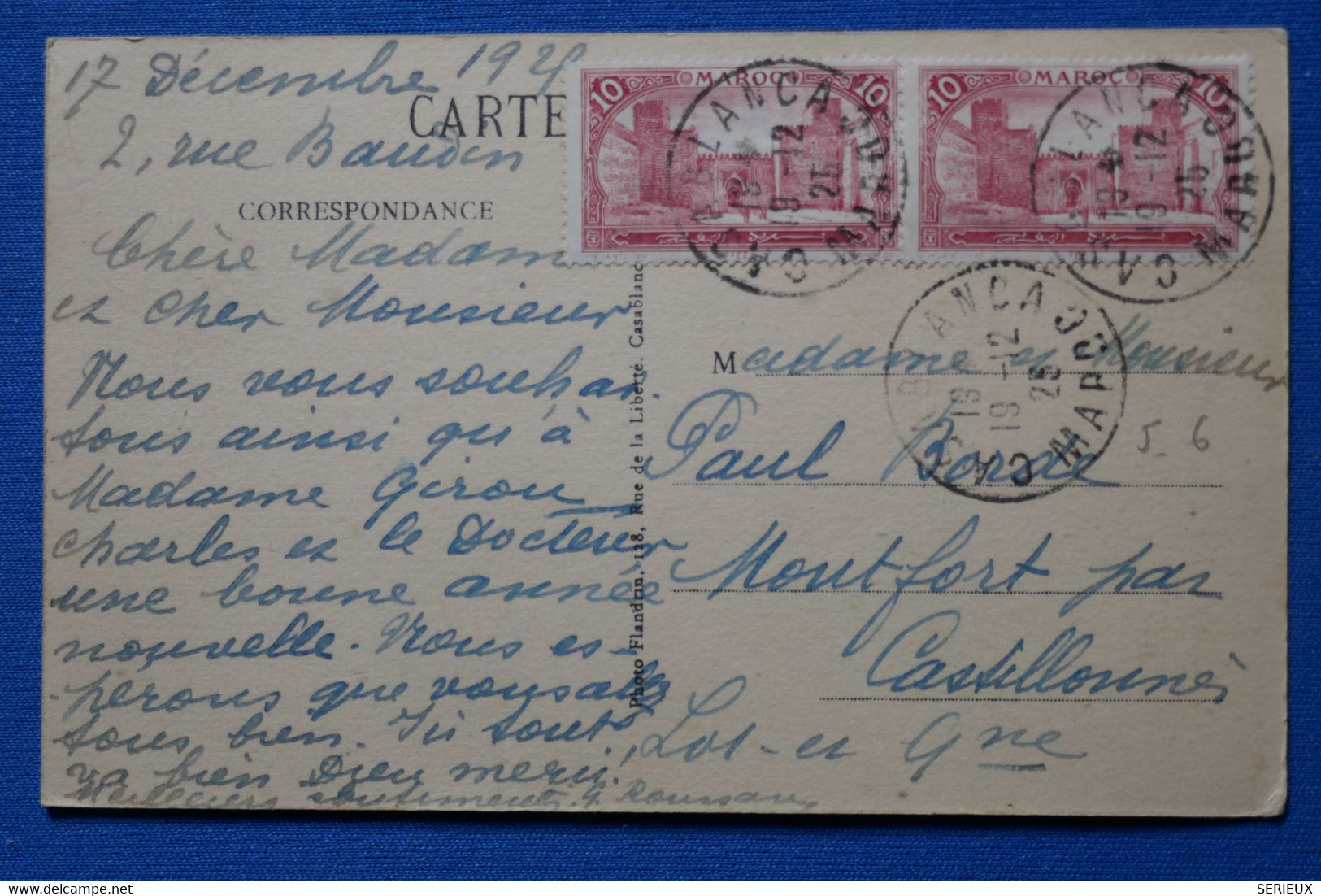 T9 MAROC BELLE CARTE 1925 CASABLANCA POUR MONTFORT FRANCE+AFFRANCH. INTERESSANT - Lettres & Documents