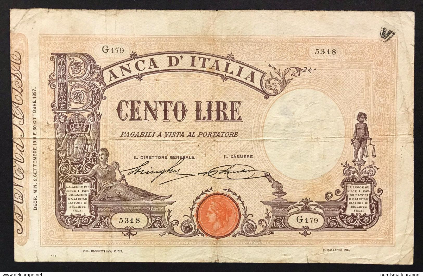 100 LIRE Barbetti Matrice Decreto 02 09 1916 Naturale Mb/bb  LOTTO 3524 - Italia – 5 Lire