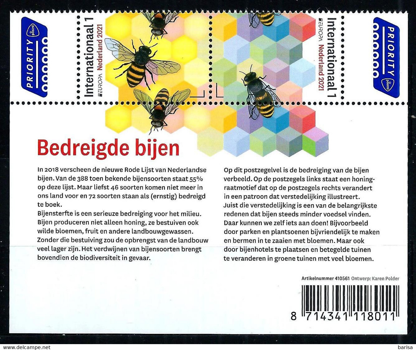 Netherlands 2021: Europa - Endangered National Wildlefe - Bees ** MNH - 2021