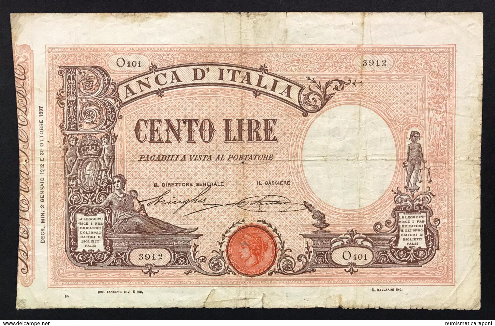 100 LIRE Barbetti Matrice Decreto 02 01 1912 Naturale Mb+ Raro  LOTTO 3526 - Italië– 5 Lire