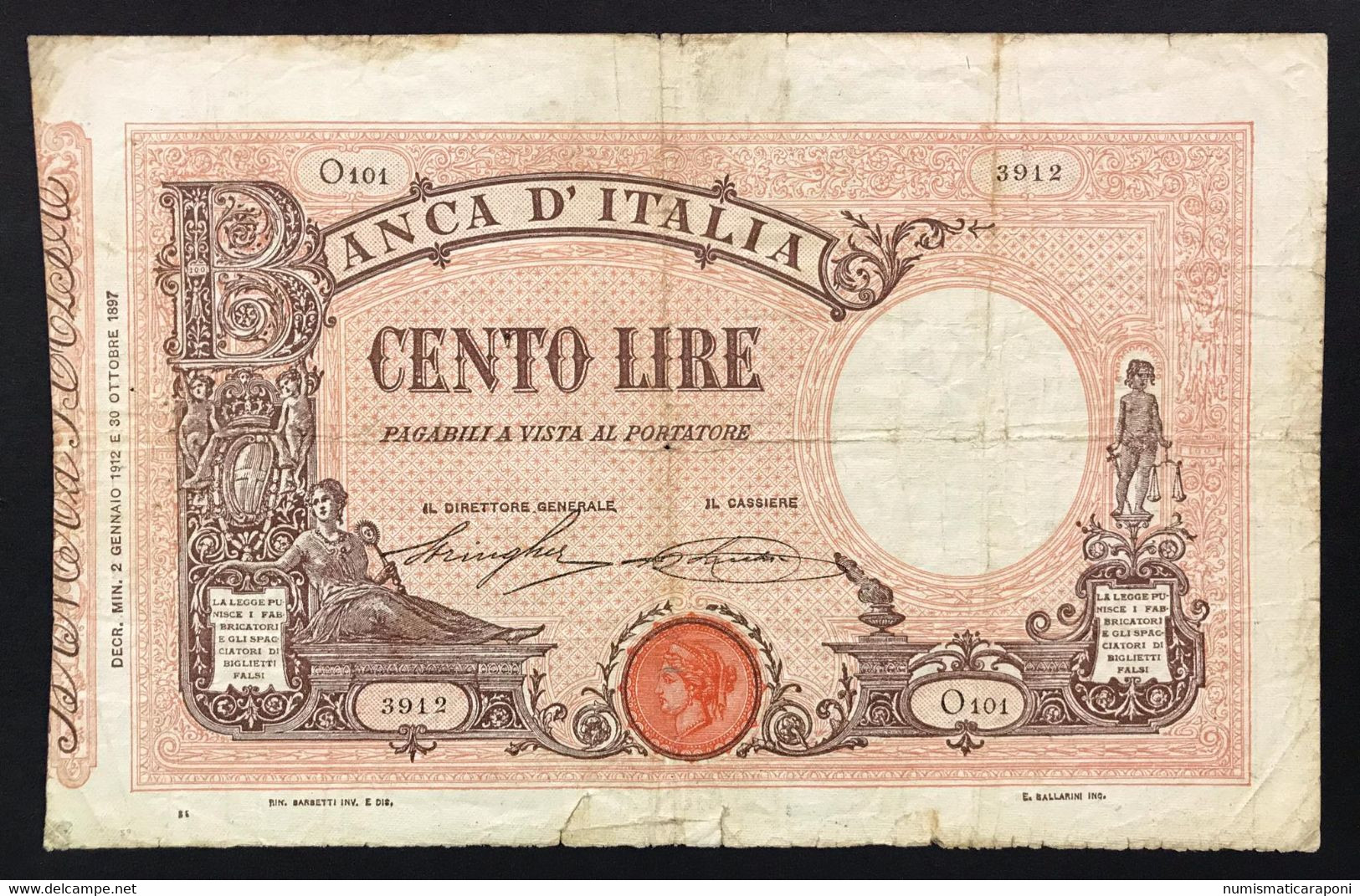 100 LIRE Barbetti Matrice Decreto 02 01 1912 Naturale Mb+ Raro  LOTTO 3526 - Italia – 5 Lire