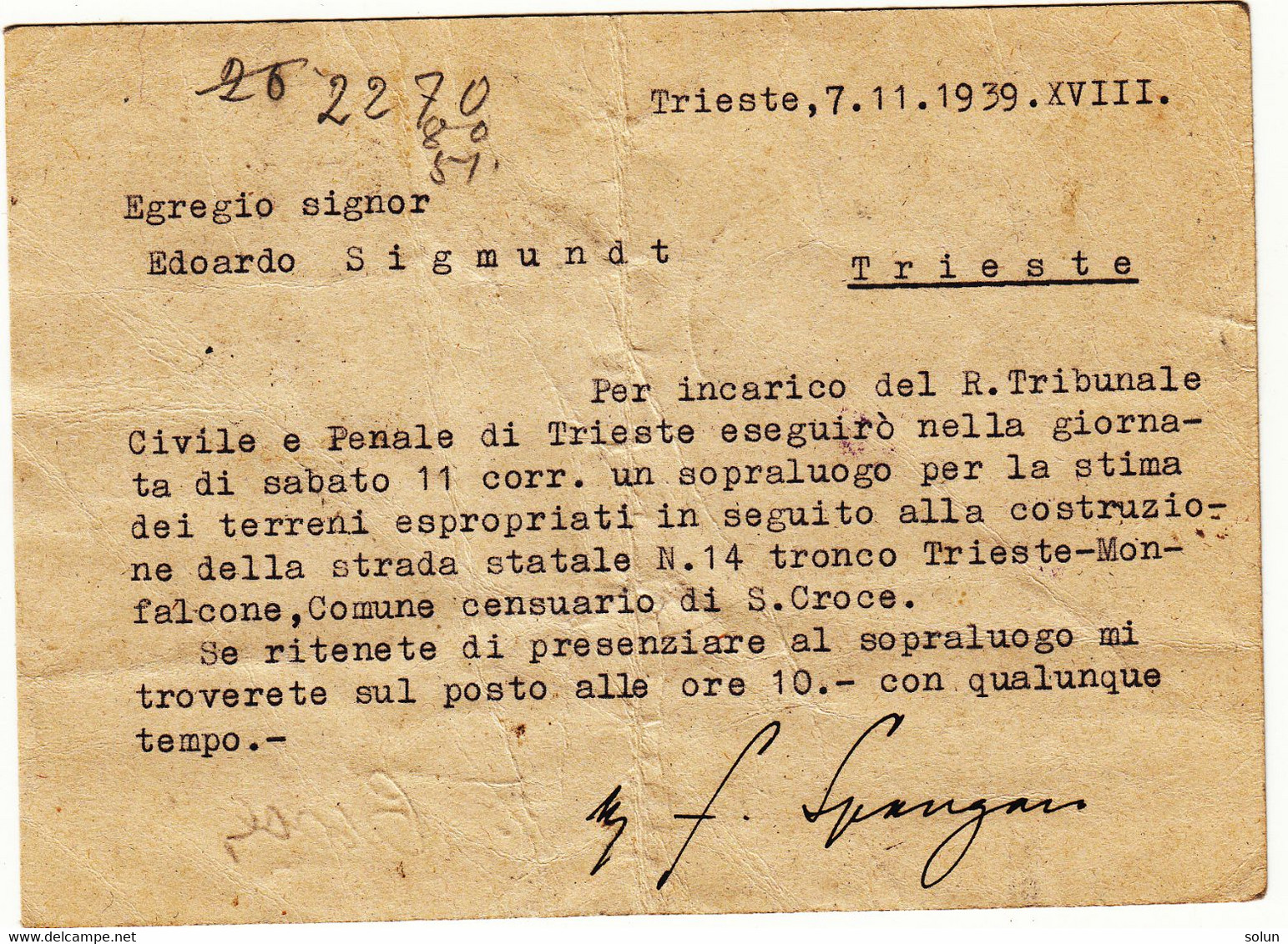 CARTOLINA POSTALE ANNULLO TRIESTE CAPO DI PIAZZA 1939 DOTT.ING.FERRUCCIO SPANGARO - Marcophilia