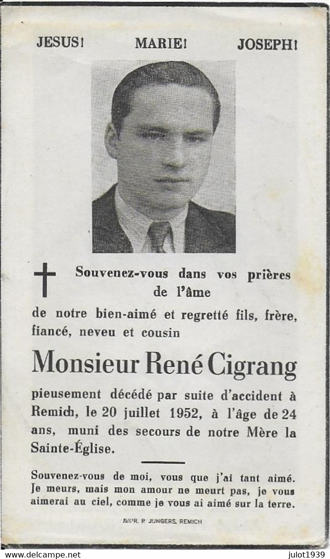 GC . REMICH ..-- Mr René CIGRANG , Né En 1928 , Décédé Accident En 1952 à REMICH . - Remich