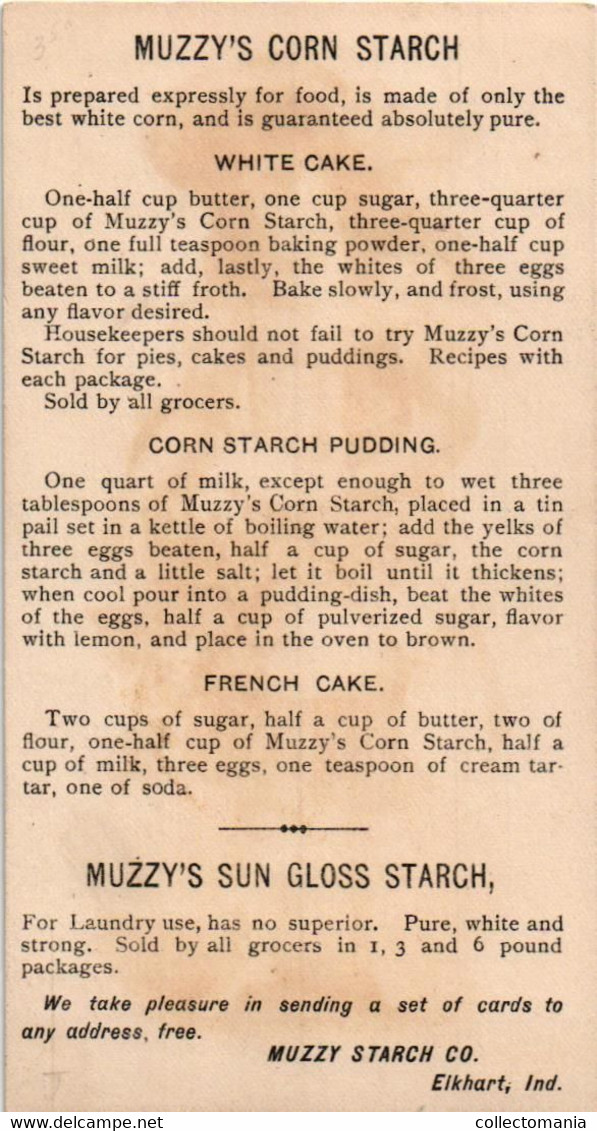 2 Cards 19th Litho Handpress PUB Muzzy's CORN  Starch  Recipee Recette Recept Cakes  Elkhart Indiana  Litho - Küche & Rezepte