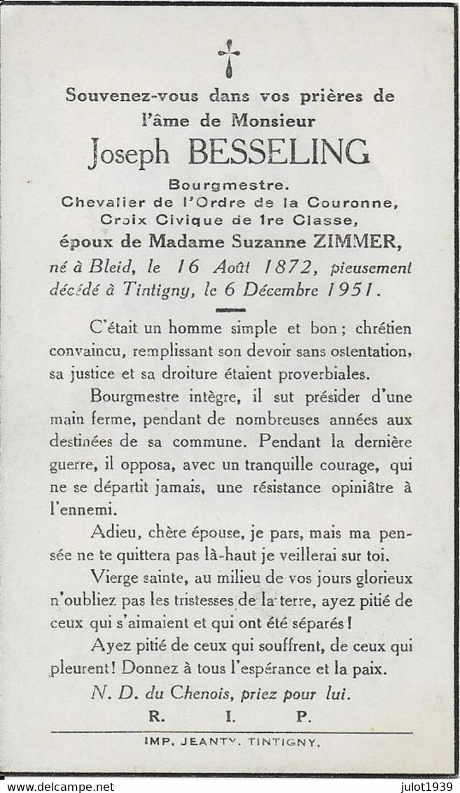 GC . TINTIGNY ..-- Mr Joseph BESSELING , BOURGMESTRE , Né En 1872 à BLEID , Décédé En 1951 . - Tintigny