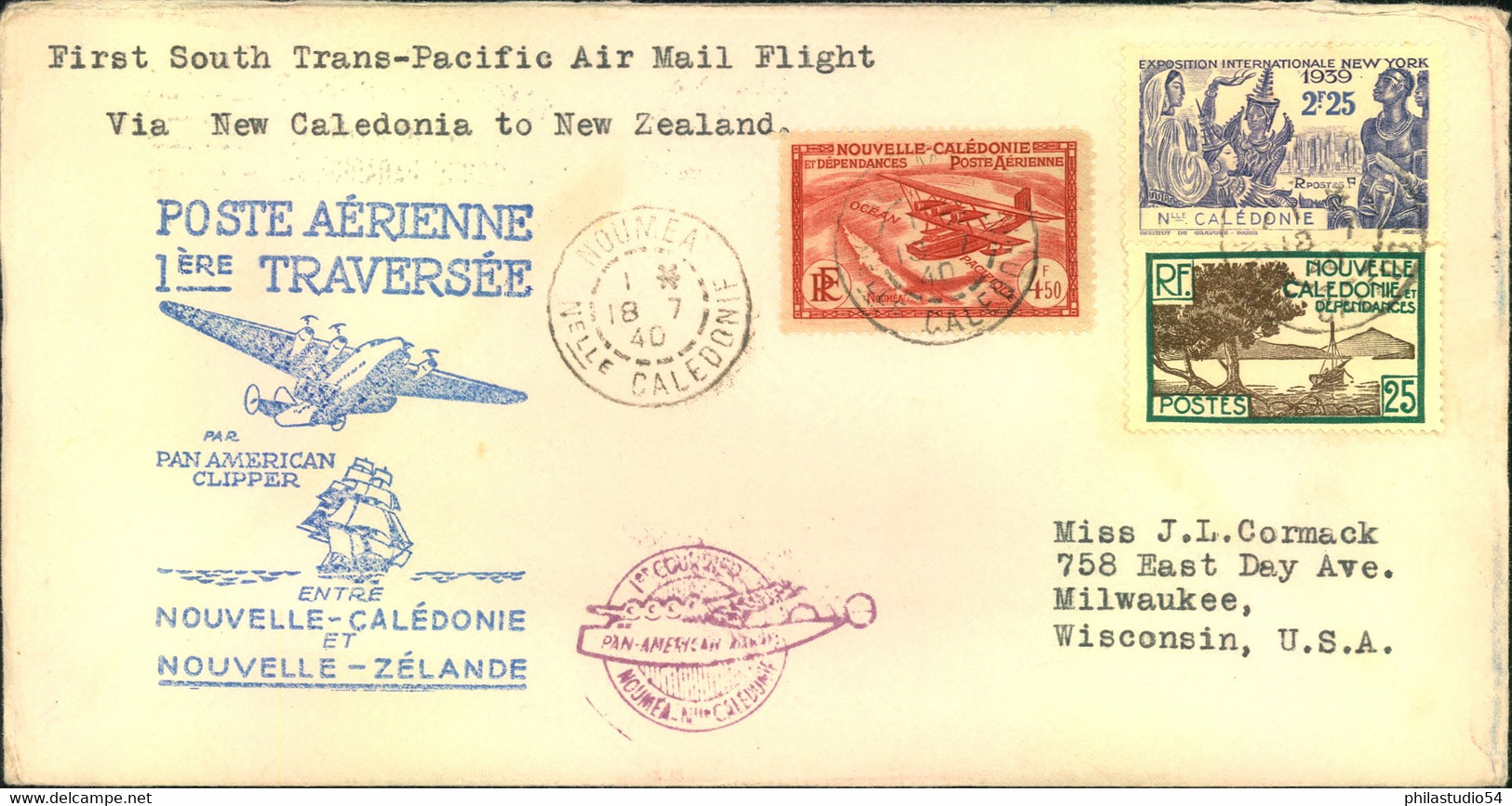 1940, 1st South Trans-Pacific Airmail Flight - New Caledonia-New Zealand - Aerogramas