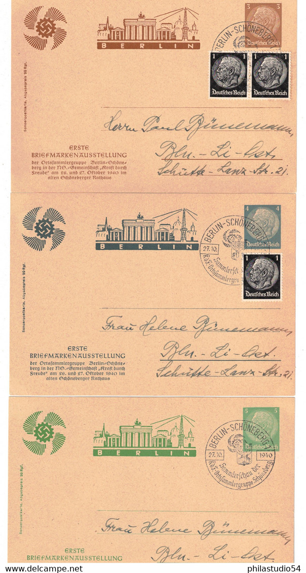 1940, Drei Privatpostkarten Zur "1. Briefmarkenausstellung Der Ortssammlergruppe Berlin-Schöneberg" - Sonstige & Ohne Zuordnung