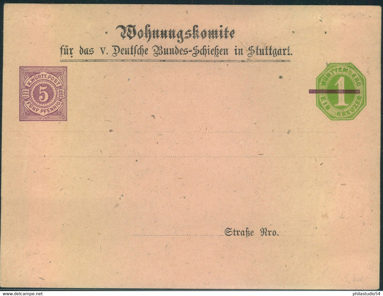 1875 (ca.) 5 Pfg. Auf 1 Kreuzer Privatganzsachenumschlag "Wohnungskomite Für Das V. Dt. Bundesschießen", Stuttgart - Enteros Postales