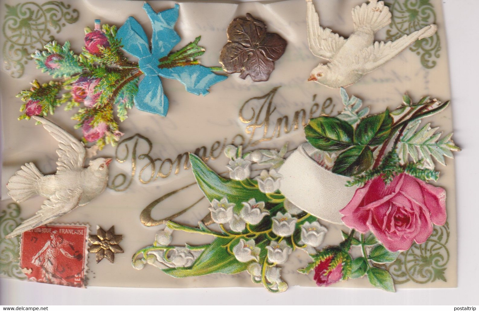 Bonne Année Pigeons Rose Fleurs Republique Française  PORCELAINE PORSELEIN PORCELAIN POSTCARD FANTAISIE FANTASY - Porzellan