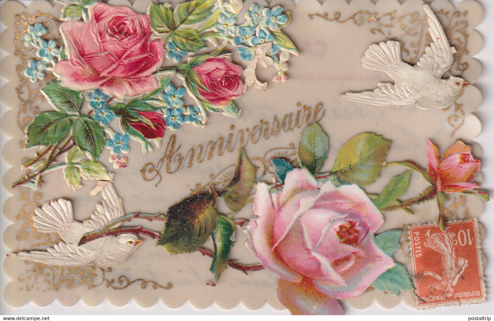 Anniversaire Roses Pigeons Carte Mobile Et Animé R. Française  PORCELAINE PORSELEIN PORCELAIN POSTCARD FANTAISIE FANTASY - Porcelaine