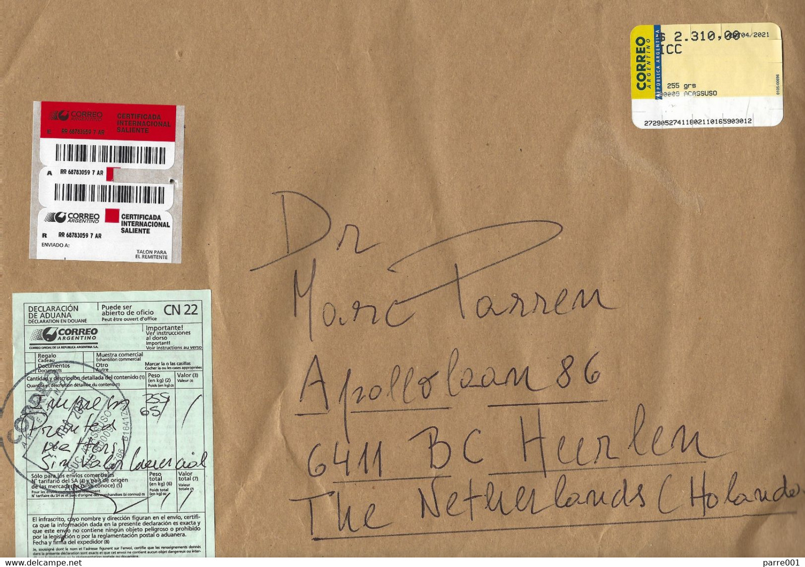 Argentina 2021 Acassuso Post Office Meter Correo Argentino Unreported Type EMA Registered Cover Customs Declaration - Vignettes D'affranchissement (Frama)