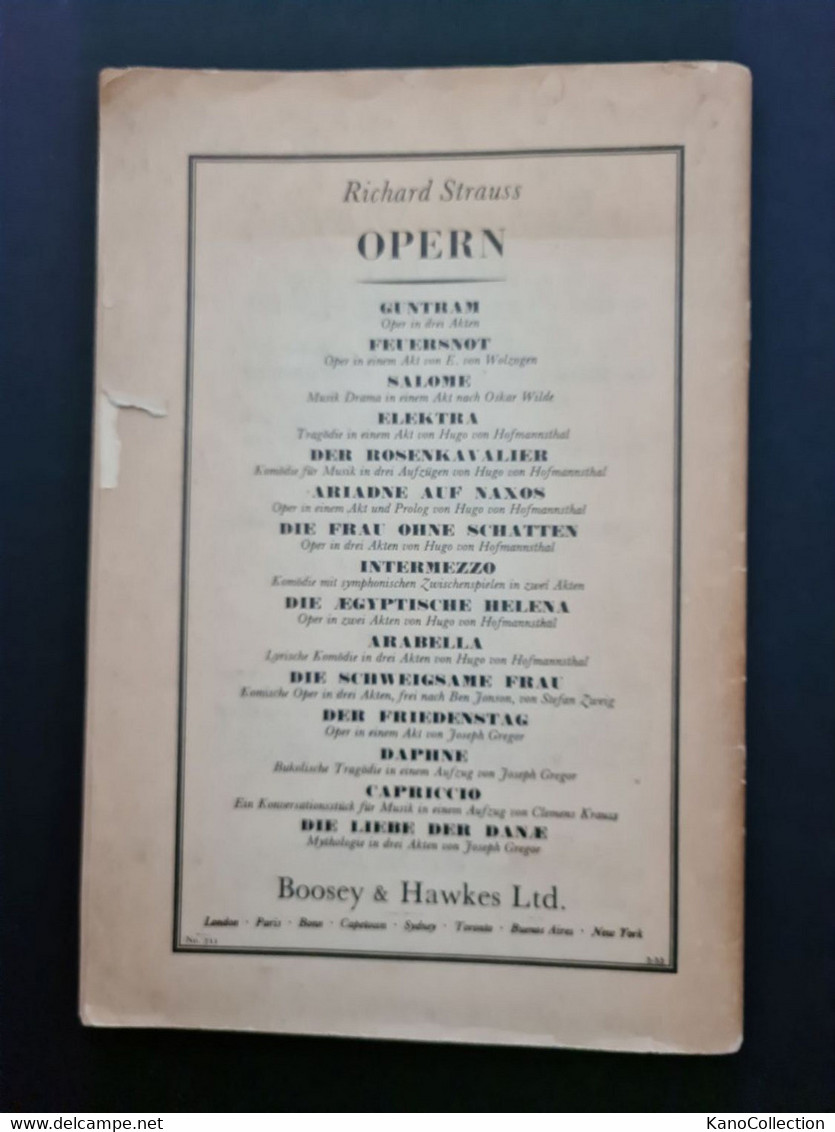 Elektra. Tragödie In Einem Aufzuge Von H. V. Hofmannsthal. Musik Von R. Strauss, Op. 58,  Boosey & Hawkes, 1957 - Teatro E Danza
