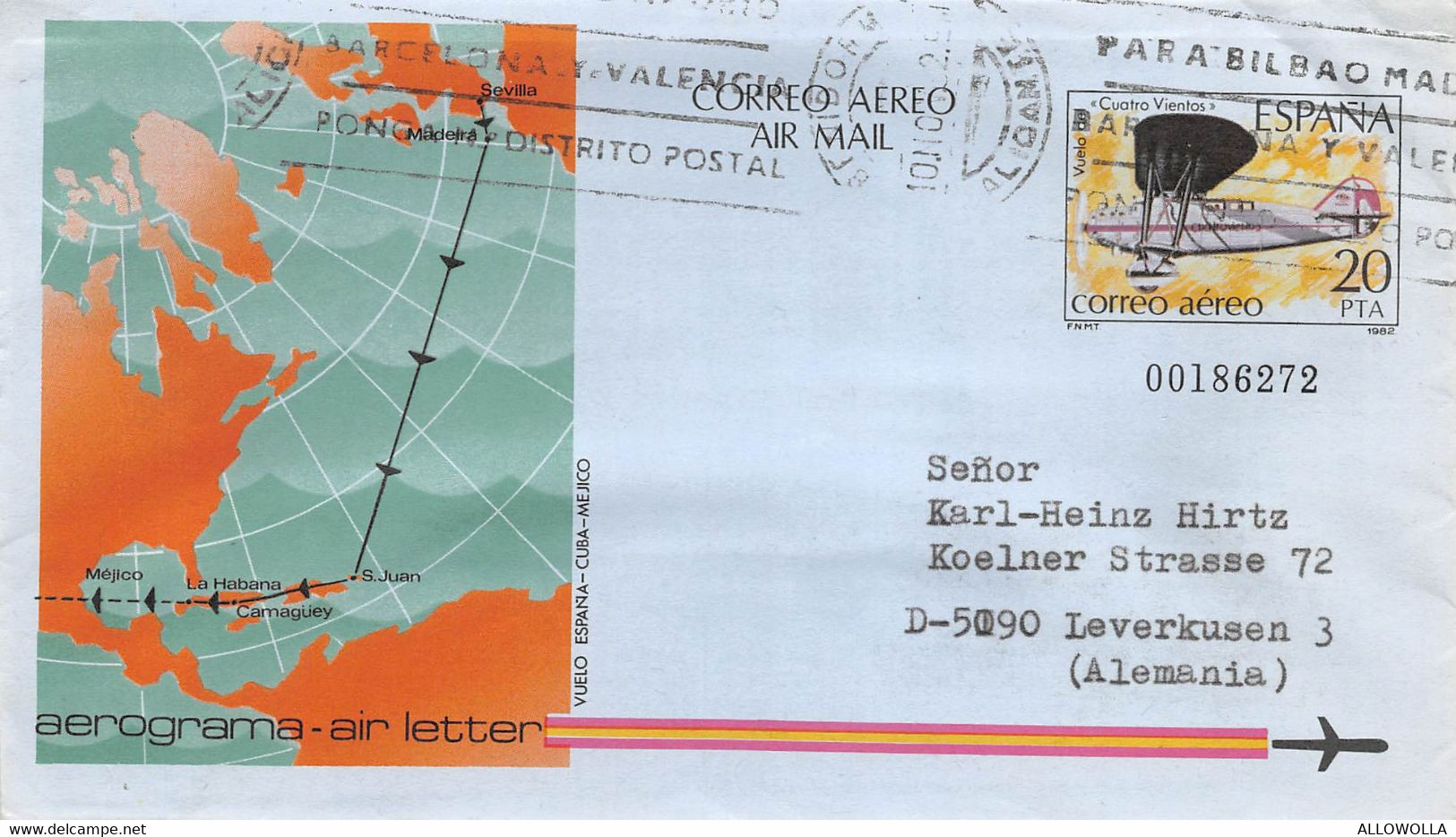 12424" VUELO ESPAÑA-CUBA-MEJICO-AEROGRAMA" SELLO DE GOMA HOTEL DON JOSE-BENIDORM-ALICANTE - Lettres & Documents