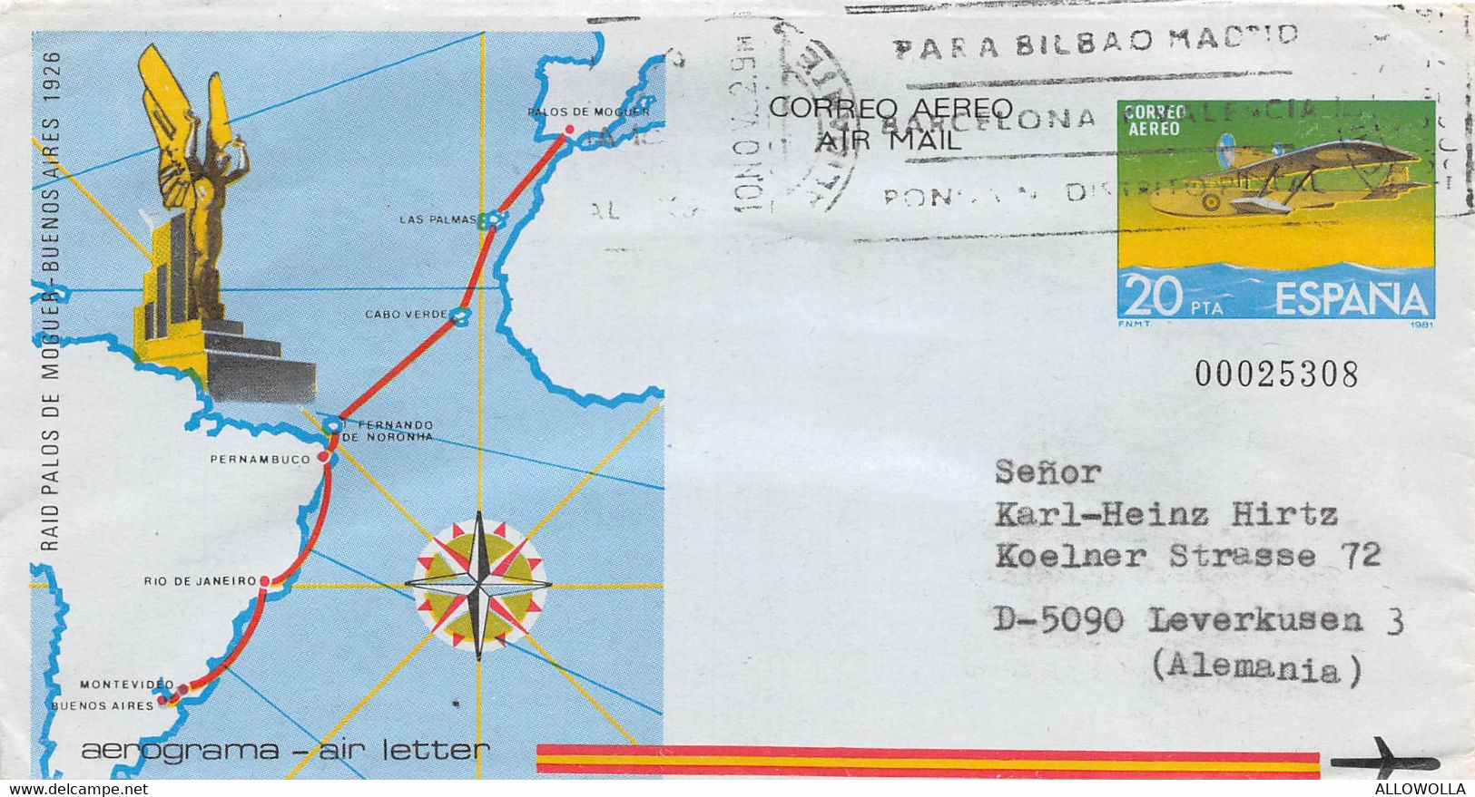 12425" RAID PALOS DE MOGUER-BUENOS AIRES 1926-AEROGRAMA" SELLO DE GOMA HOTEL DON JOSE-BENIDORM-ALICANTE - Cartas & Documentos