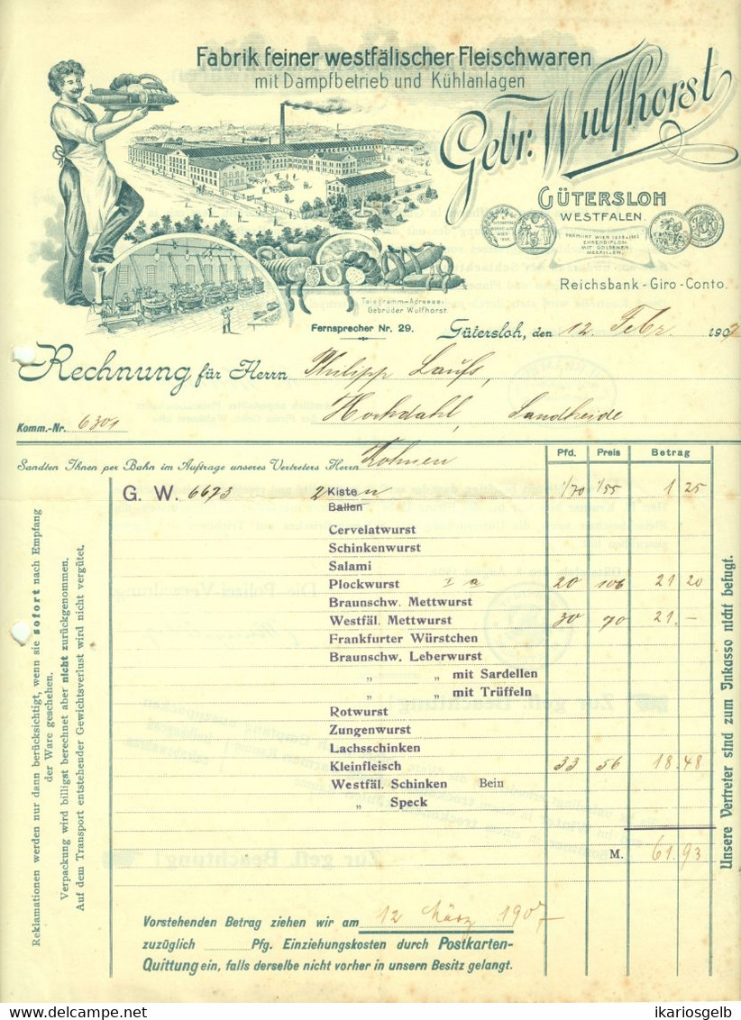 Gütersloh 1907 Besonders Deko " Gebr.Wulfhorst Fabrik Feiner Westfälische Fleischwaren " - Lebensmittel