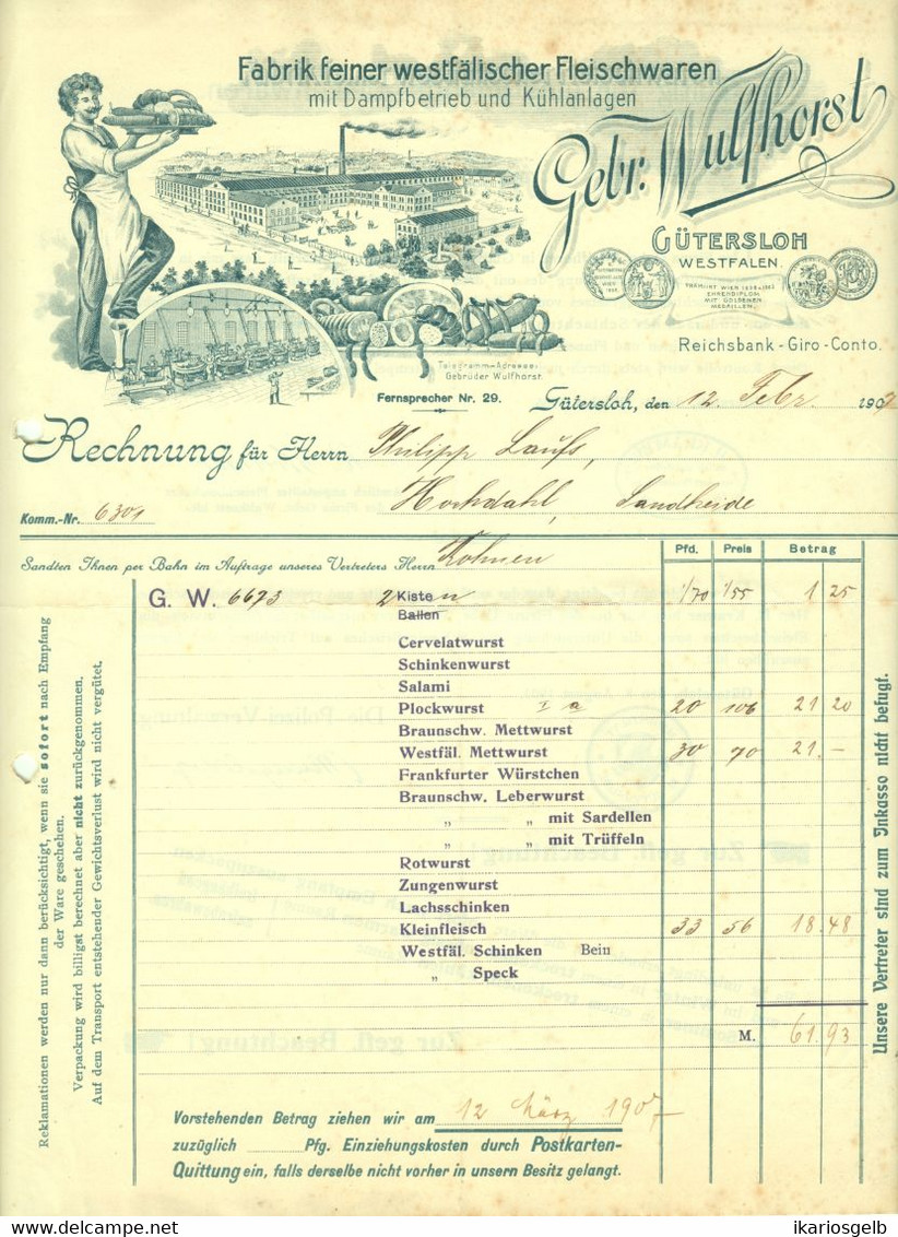 Gütersloh 1907 Besonders Deko " Gebr.Wulfhorst Fabrik Feiner Westfälische Fleischwaren " - Alimentaire
