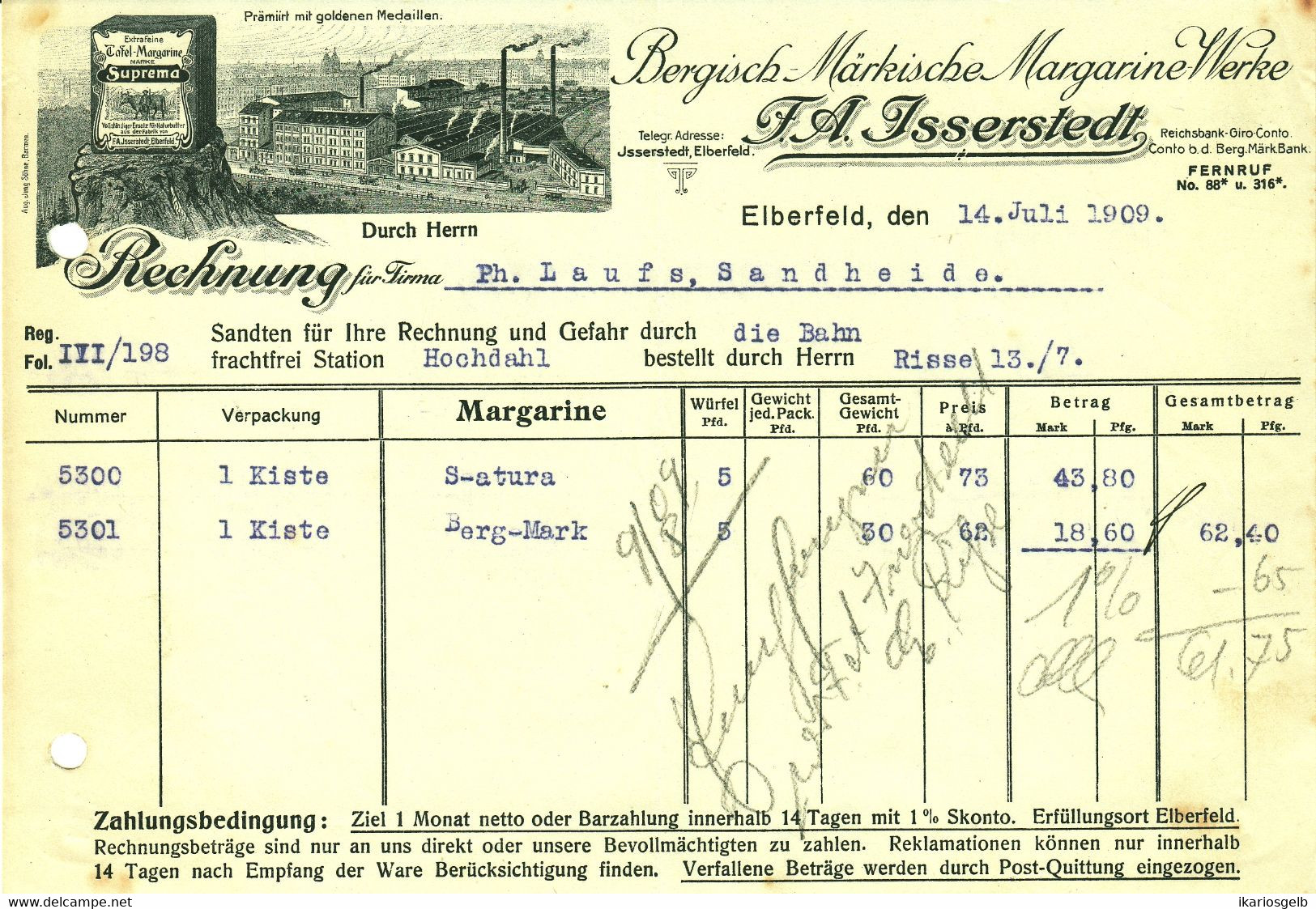 WUPPERTAL Elberfeld Rechnung 1909 Deko " F.A.Isserstedt - Bergisch Märkische Margarinefabrik " - Food