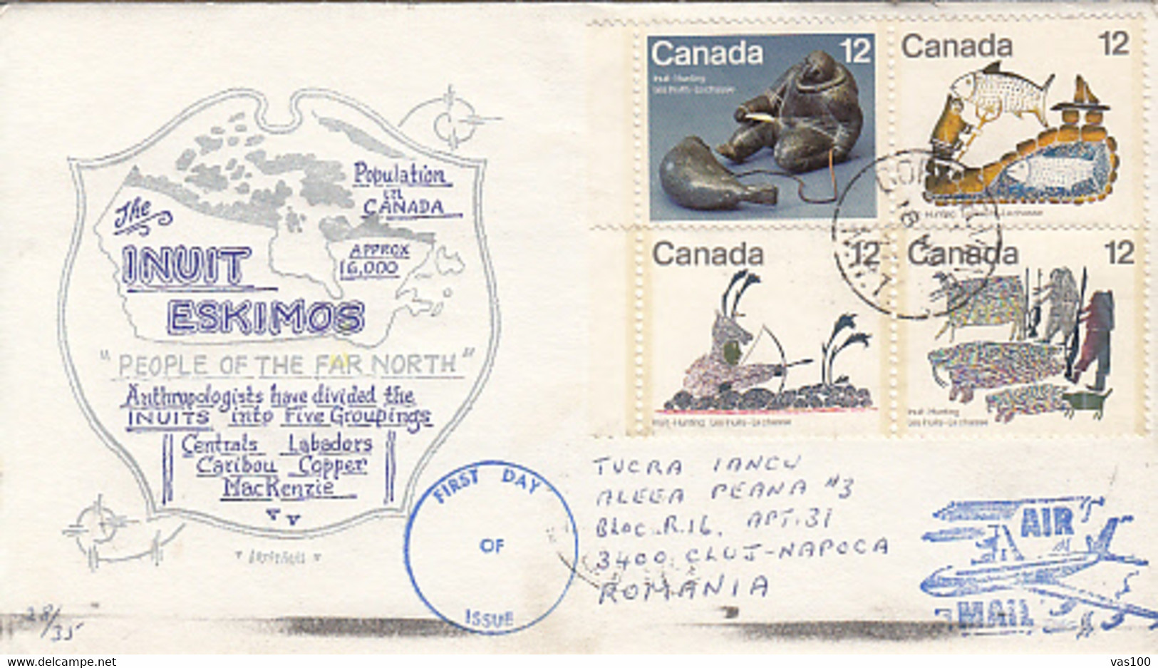 NORTH POLE, INUIT ESKIMOS, ARCTIC INDIGENOUS PEOPLE, PLANE POSTMARK, COVER FDC, 1977, CANADA - Autres & Non Classés