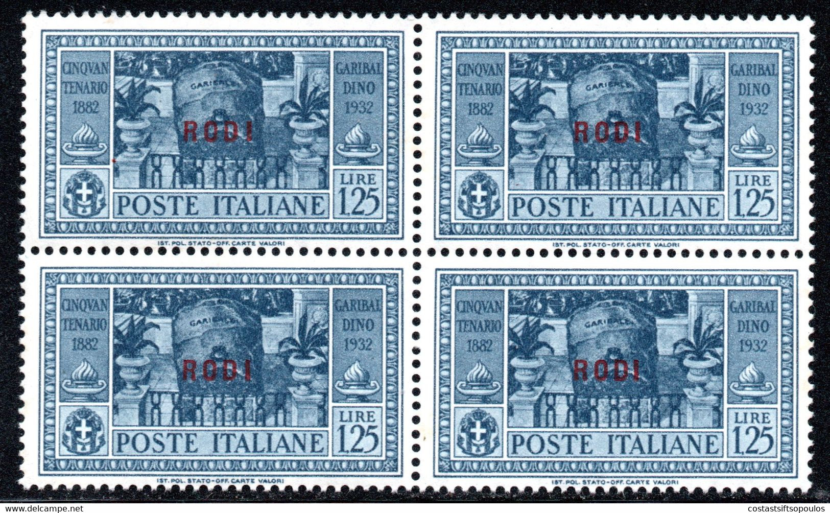 180.GREECE.ITALY.DODECANESE,RHODES,RODI,1932 GARIBALDI HELLAS114,SASS.26.SC.51.MNH BLOCK OF 4 - Dodecanese