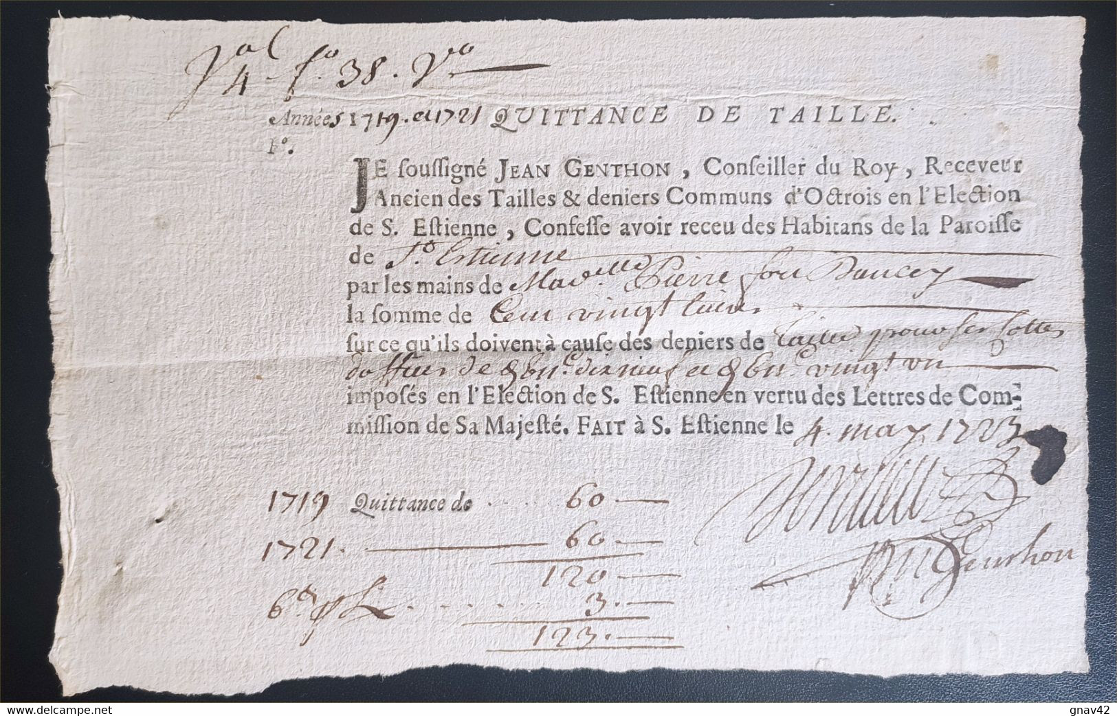 Quittance De Taille 1723 Saint Etienne Quart De Papier - Manuscrits