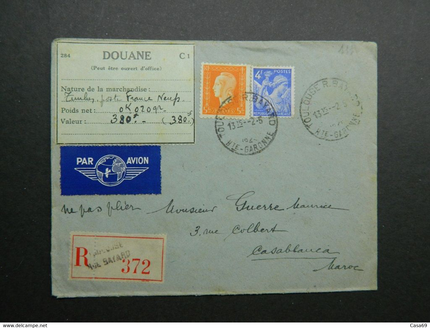 1945 Lettre Recommandée De Toulouse à Casablanca - Maroc Yvert 656, 697 Marianne Dulac Iris - Cartas & Documentos