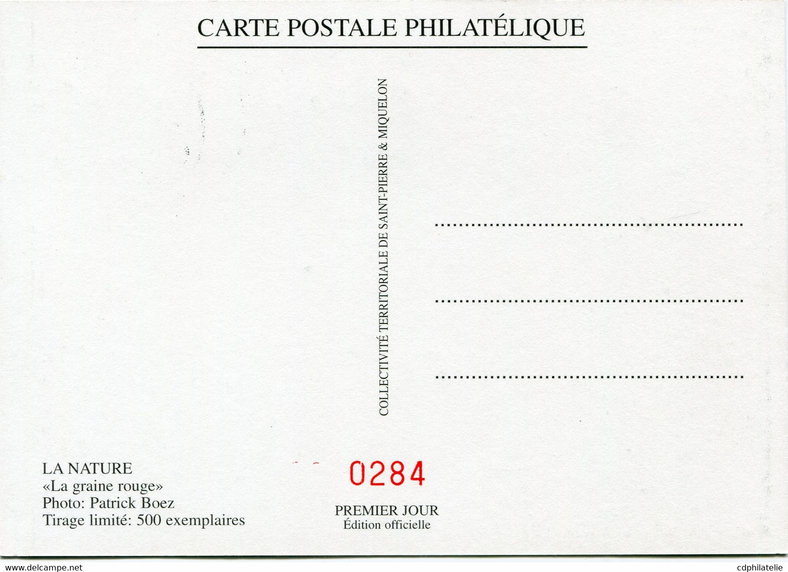 SAINT PIERRE ET MIQUELON CARTE MAXIMUM DU N°710 LA GRAINE ROUGE AVEC OBLITERATION ILLUSTREE SAINT PIERRE 8 MARS 2000 - Maximumkarten