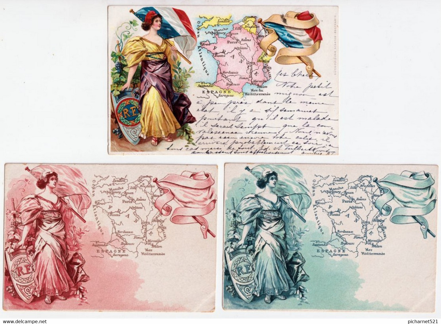 Carte Patriotique, Symboles De La France, Couleurs. Dos Simple. Circulée En 1900 + 2 Cartes Ident. Mono-colors. 6 Scan. - Guerra 1914-18