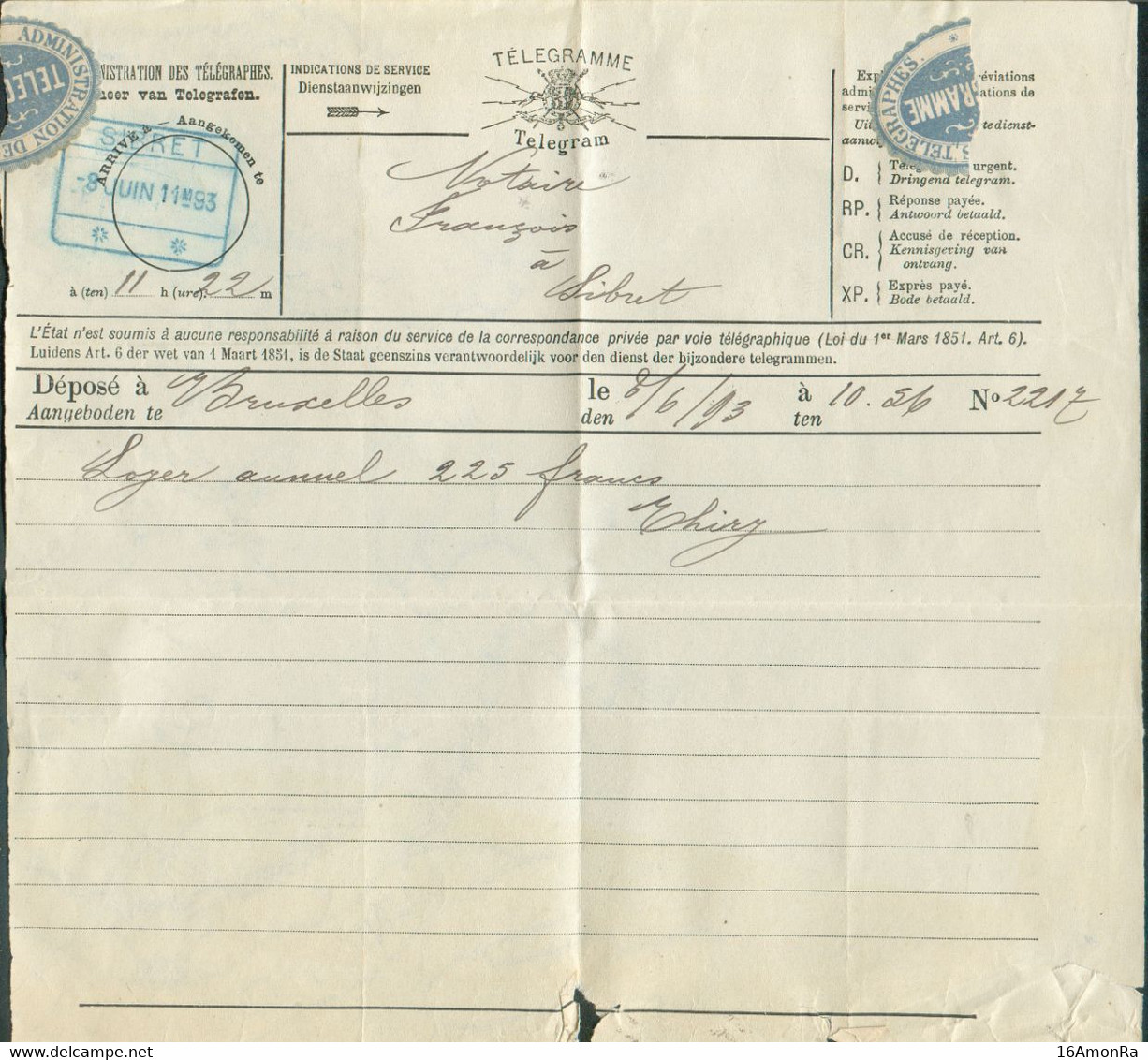 Télégramme Déposé à Bruxelles Le 8/6 1893 Pour SIBRET (railway Cancellation In Blue)  - R - 18167 - Documents & Fragments