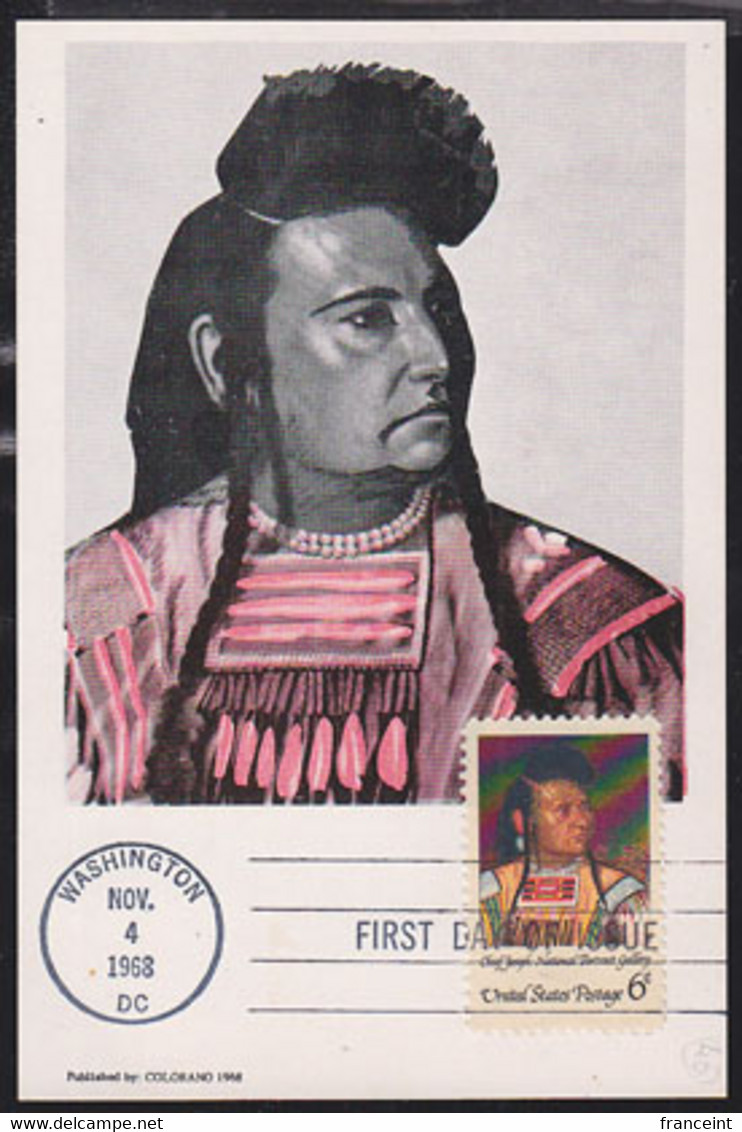 U.S.A. (1968) Chief Joseph. Maximum Card With First Day Cancel. Scott No 1364. Portrait By Cyrenius Hall. - Maximum Cards