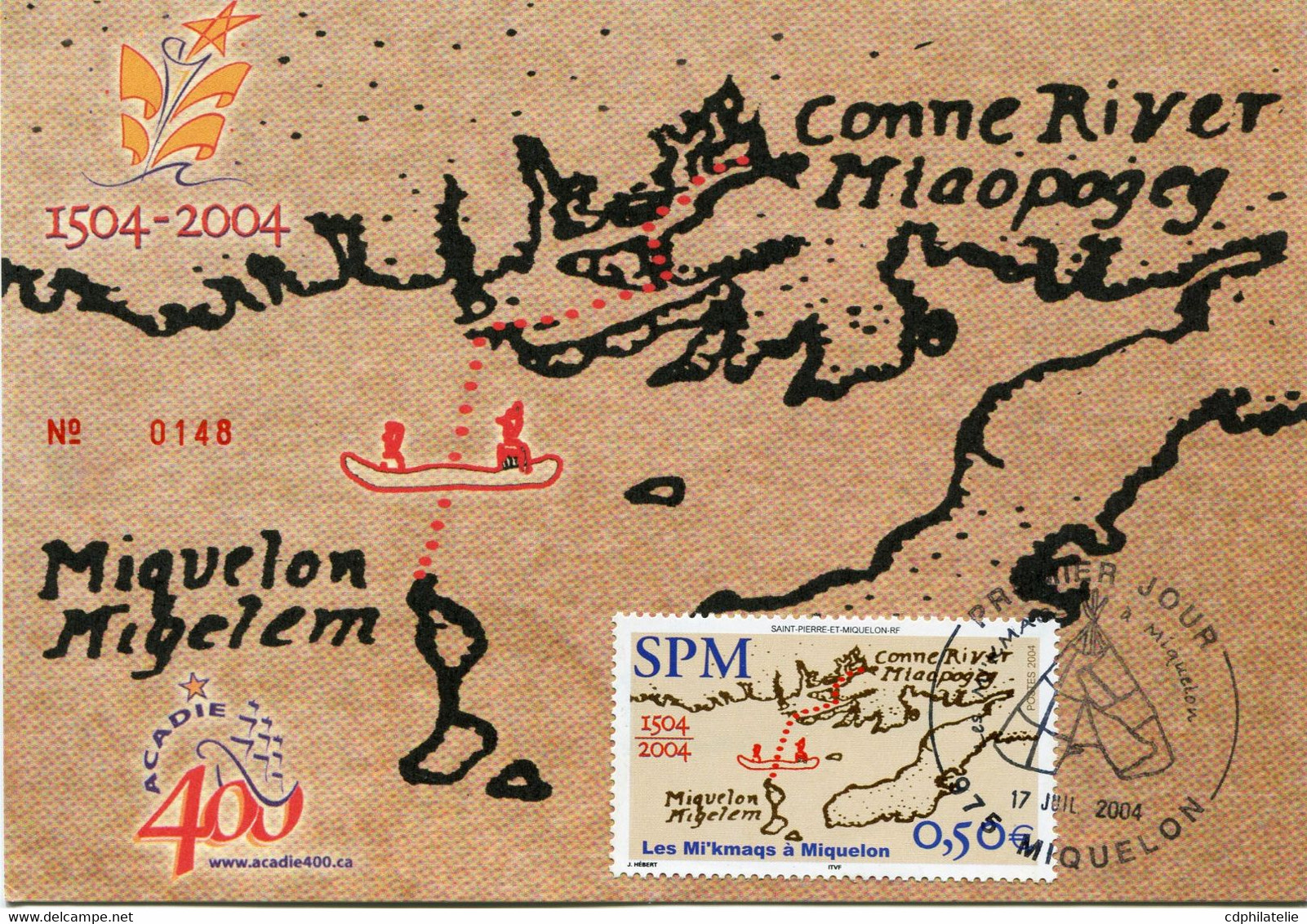 SAINT PIERRE ET MIQUELON CARTE MAXIMUM DU N°818 LES MI'KMAQS A MIQUELON AVEC OBL. ILLUSTREE MIQUELON 17 JUIL 2004 - Maximumkaarten