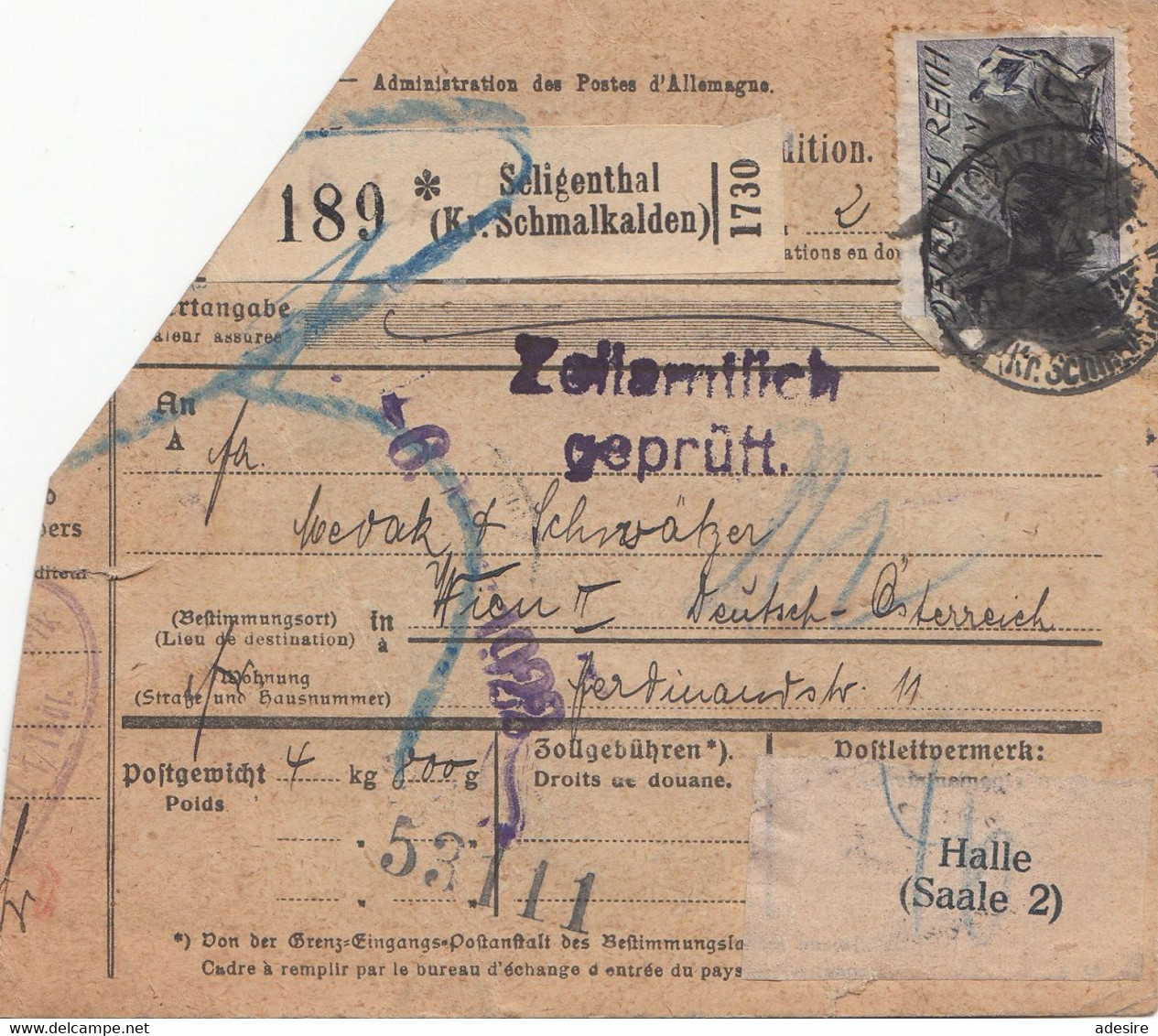 ÖSTERREICH NACHPORTO 1922 - 4 X 3 Kronen (Ank87) Nachporto + 4 X 40 Pfg + 20 Mk (Klecksstempel) Auf Paketkarte Gelau ... - Abarten & Kuriositäten