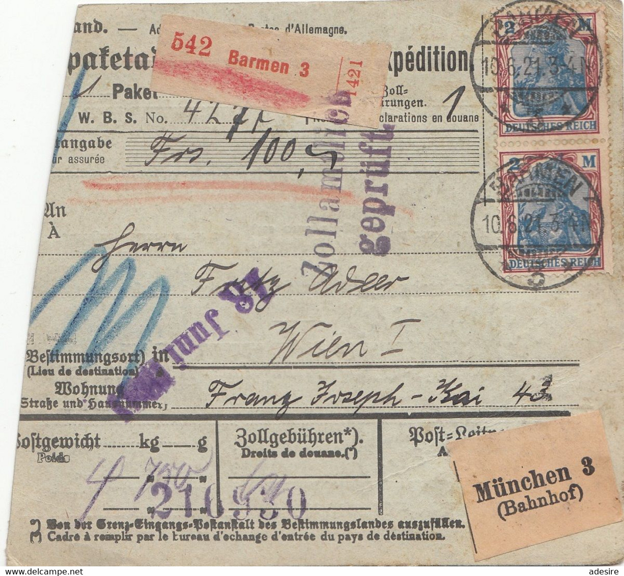 ÖSTERREICH NACHPORTO 1921 - 1,5 + 2 Kronen (Ank85+86) Nachporto + 6 X 2 Mk Auf Paketkarte Gelaufen V. BARMEN > MÜNCH ... - Variétés & Curiosités