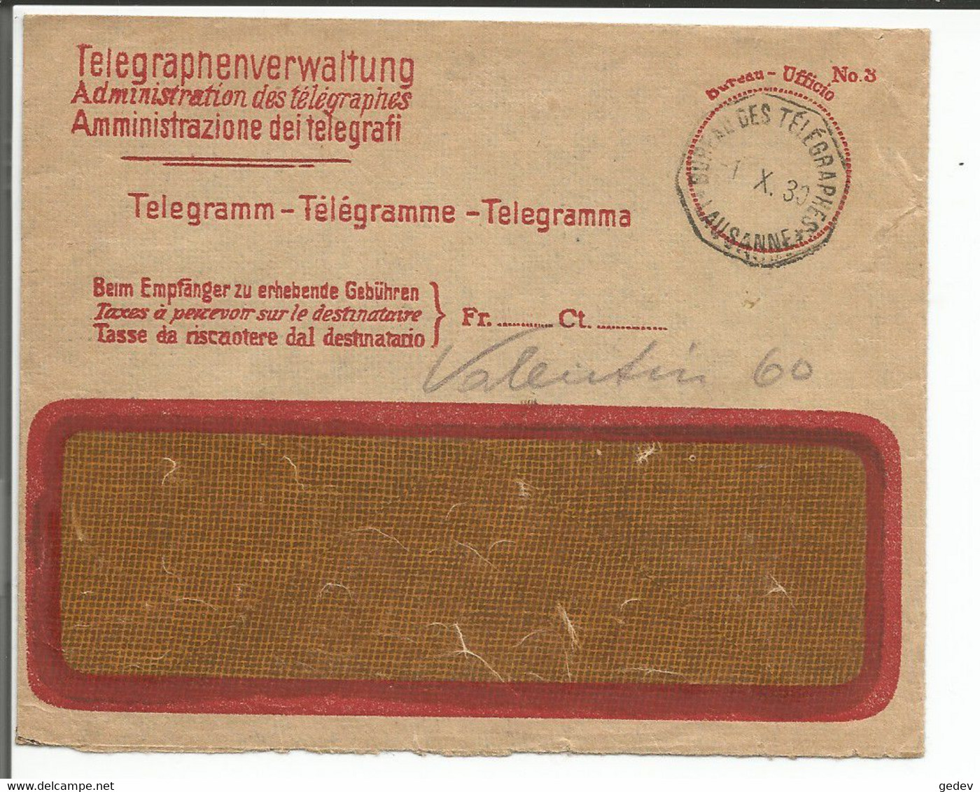 Lettre Bureau Des Télégrammes Suisse, Lausanne (1.10.1930) - Telegraph