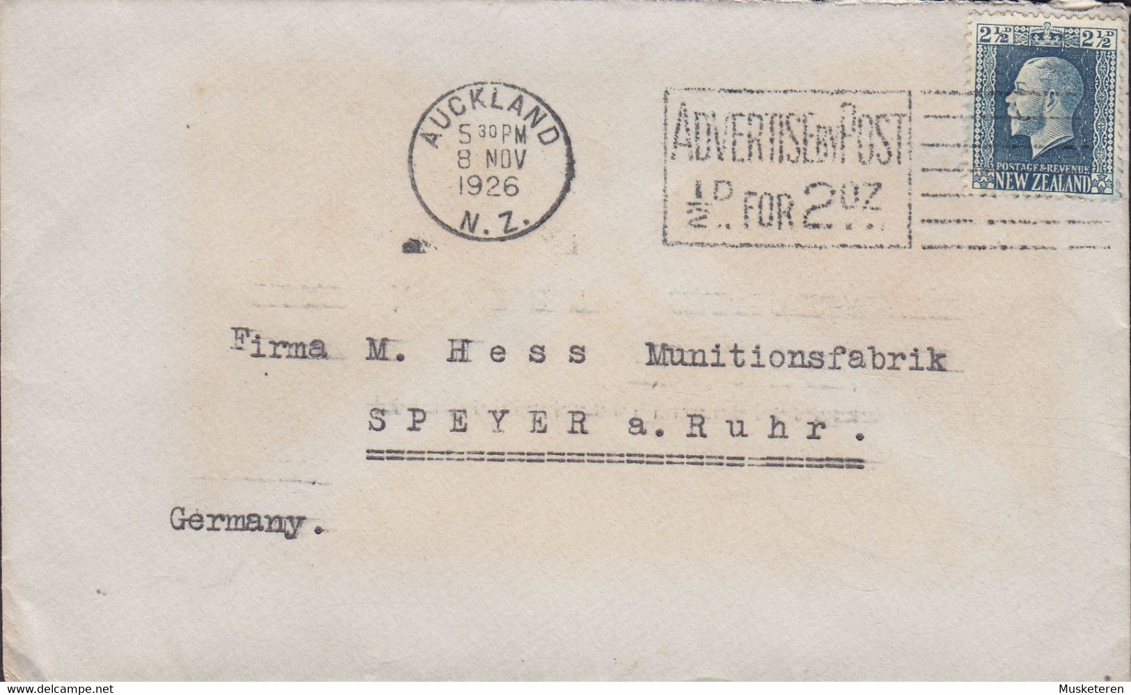 New Zealand LANGGUTH & Co. Slogan 'Advertise By Post' AUCKLAND 1926 Cover Brief Munitionsfabrik SPEYER A. Rhein 2½d. GV. - Storia Postale