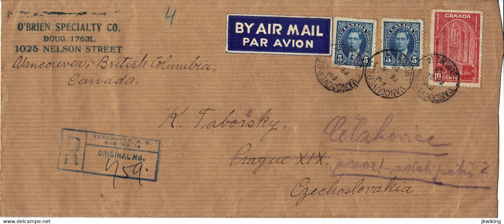 Letter From The Canada To Czechoslovakia 1939 - - Entrega Especial/Entrega Inmediata