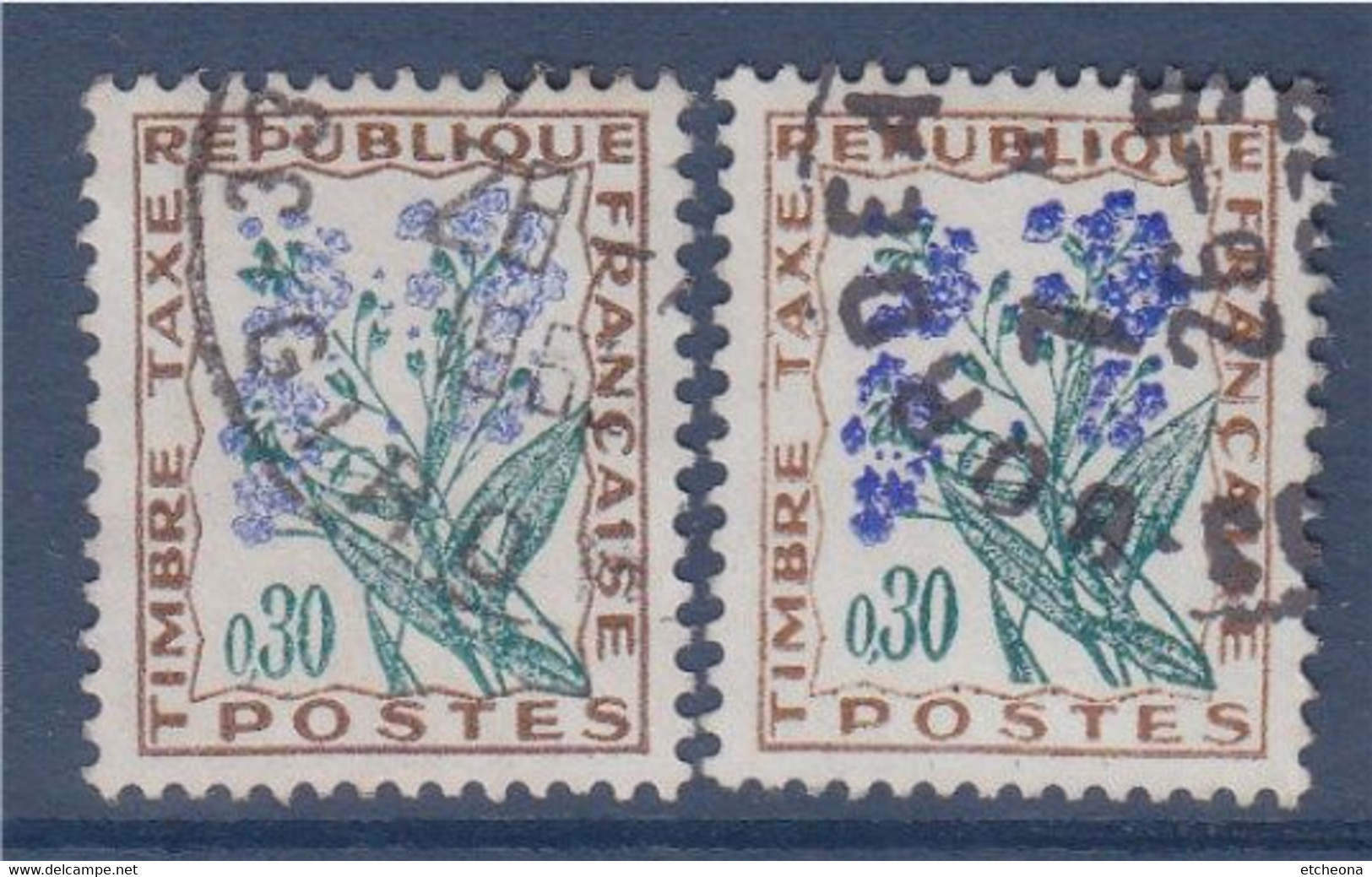 Paire De Timbre Taxe N°99 Teintes Différentes à L'impression, 2 Oblitérés 30c Myosotis - Used Stamps