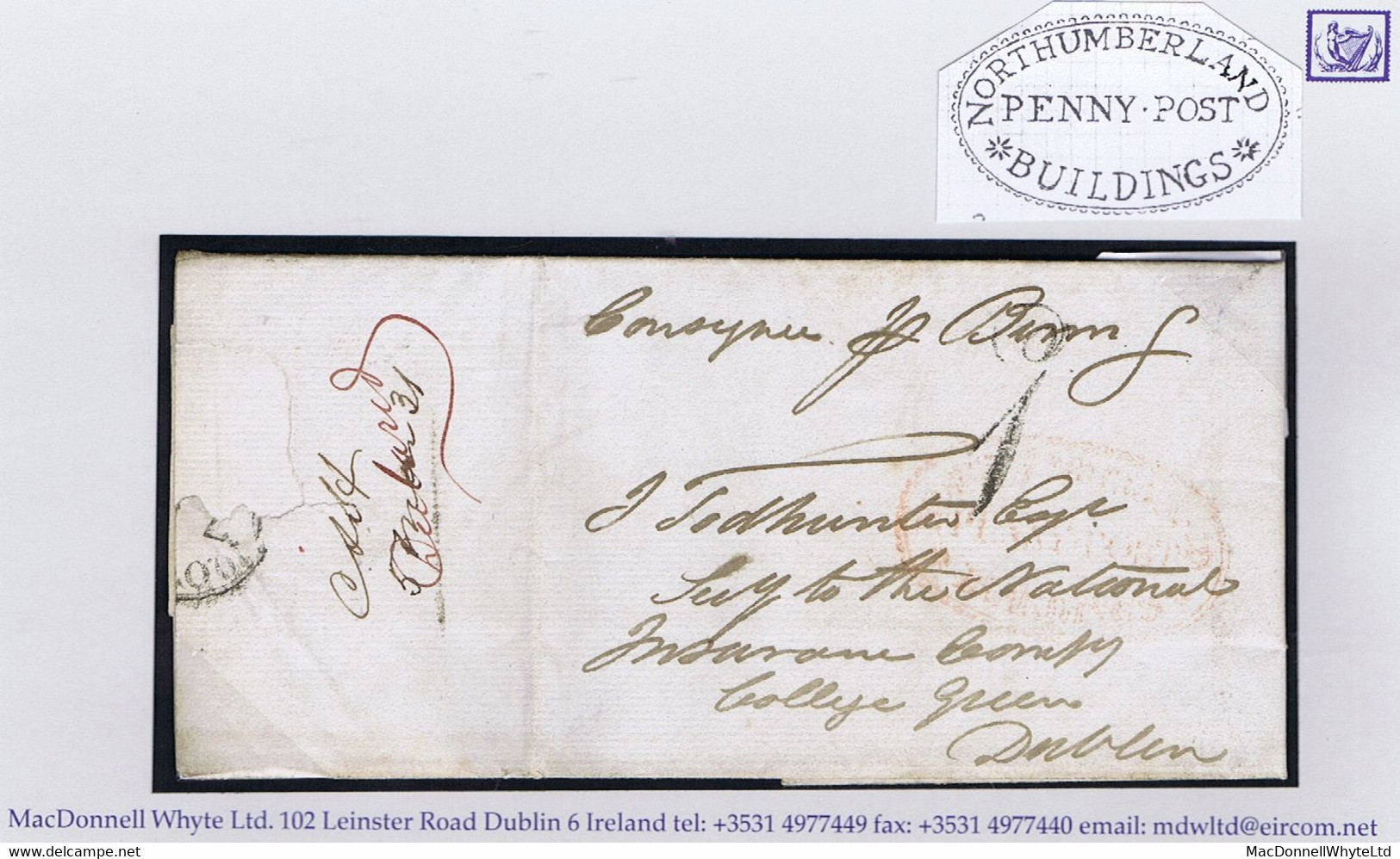 Ireland Maritime Dublin Penny Post 1831 Consignee's Letter Liverpool To Dublin NORTHUMBERLAND BUILDINGS PENNY POST - Préphilatélie