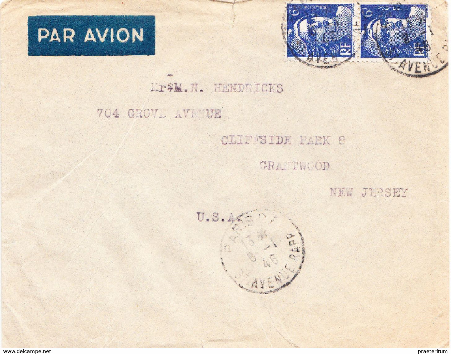 FRANCE  Lettre Paris, 37 Avenue Rapp, 8 Janv. 1946 - Par Avion Vers Les USA - Covers & Documents