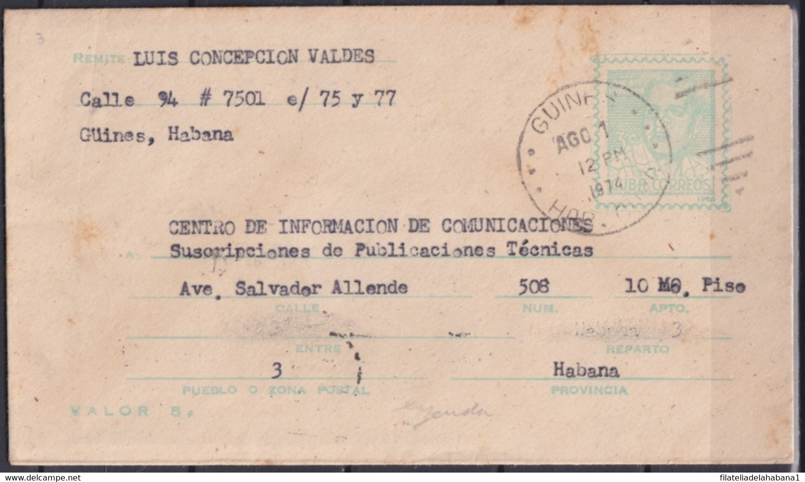 1968-EP-76 CUBA 1968 POSTAL STATIONERY ECHEVARRIA USED GUINES TO HABANA. - Covers & Documents