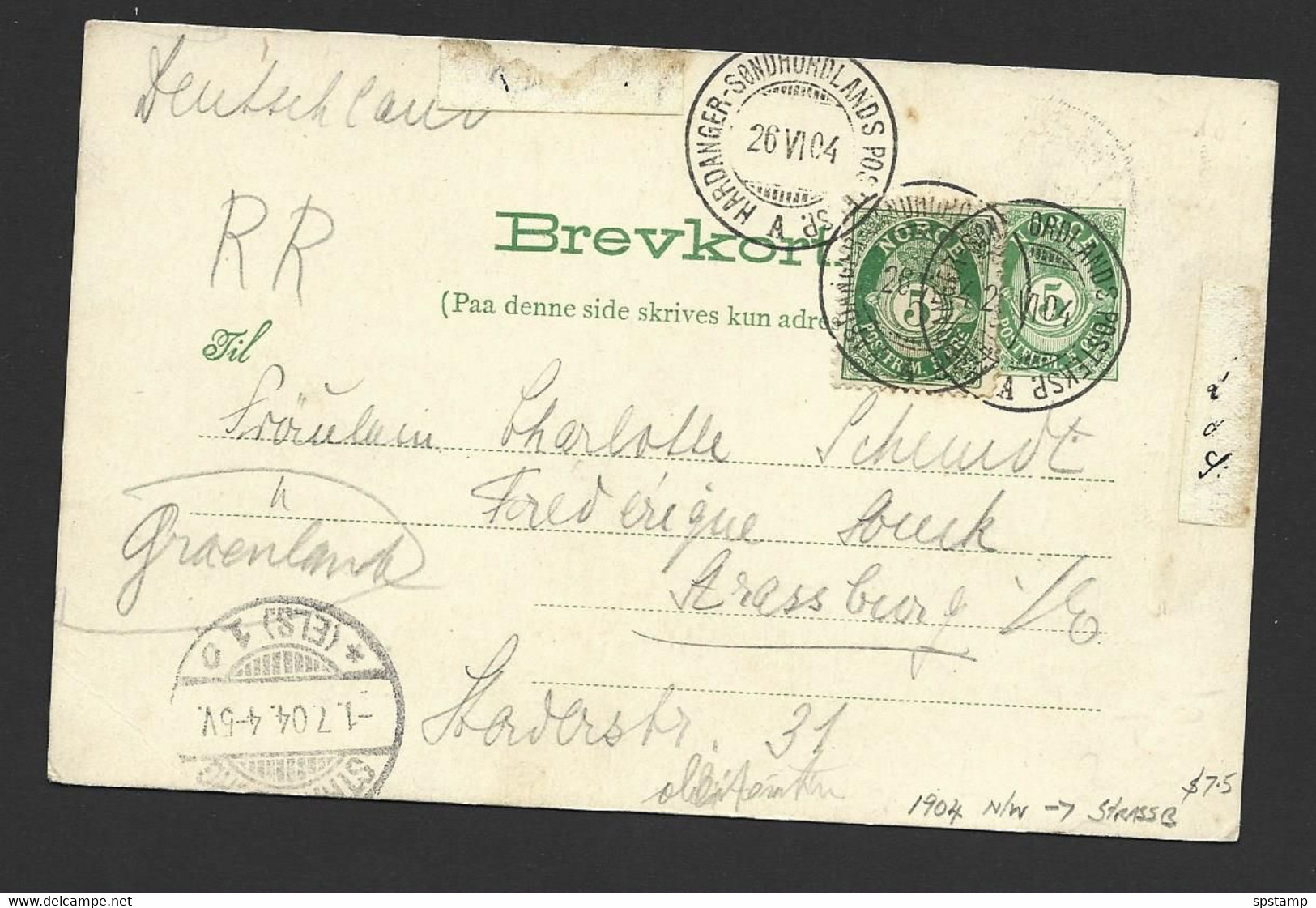 Norway 1904 Postcard Used To Strassbourg , Multiple Neat Strikes Hardanger Sondhordlands Cds - Cartes-maximum (CM)