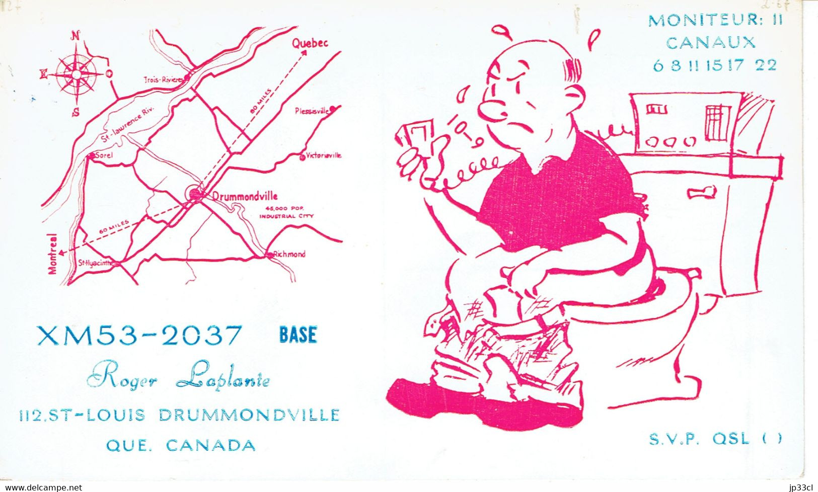 WC Toilettes Sur Le Pot Ancienne QSL De Roger Laplante XM53 2037, St Louis, Drummondville, Québec, 1967 - CB