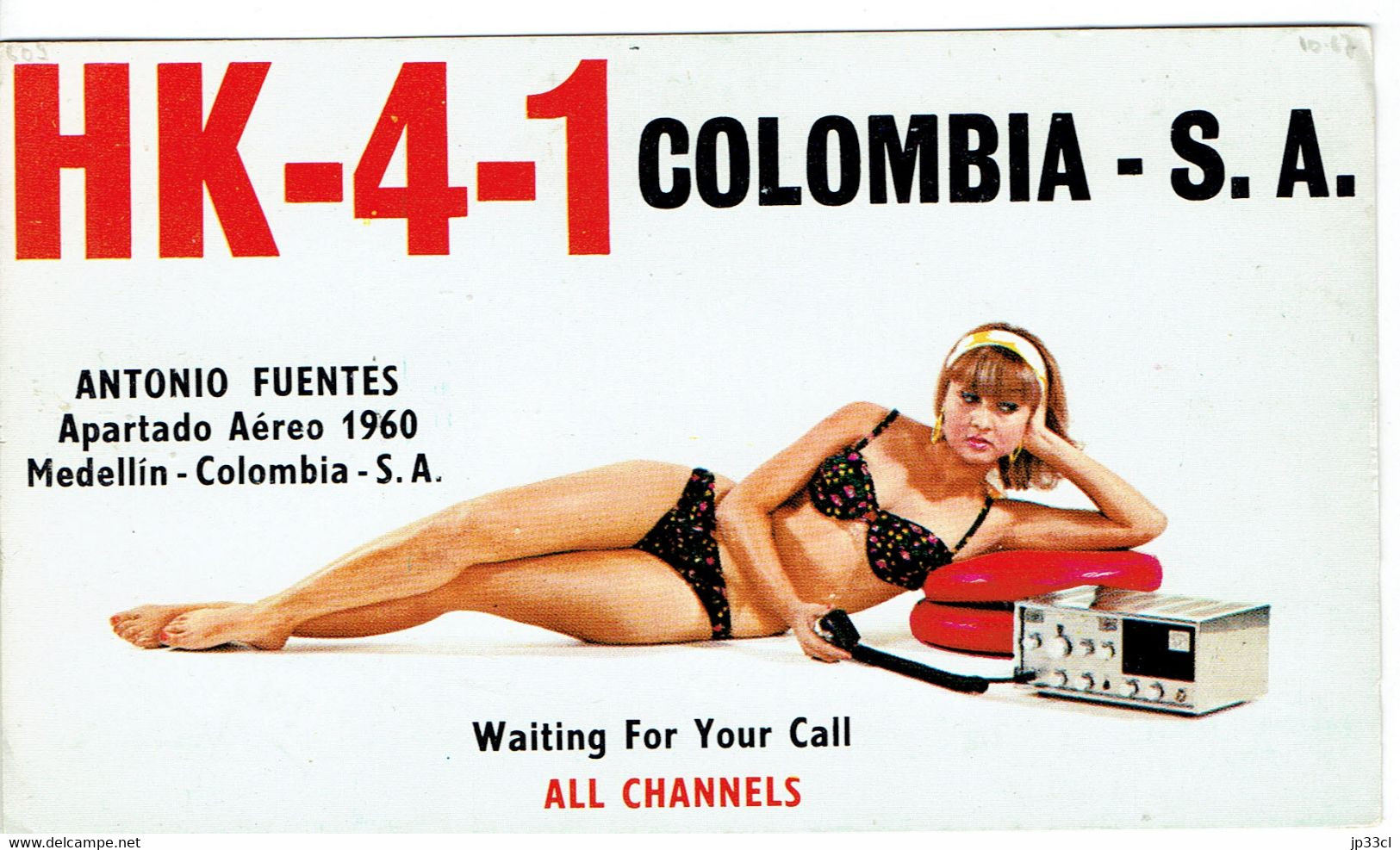 Sexy Girl - Antigua Tarjeta QSL De Antonio (Tony) Fuentes, Medellin, Colombia (HK-4-1) 1967 - CB-Funk