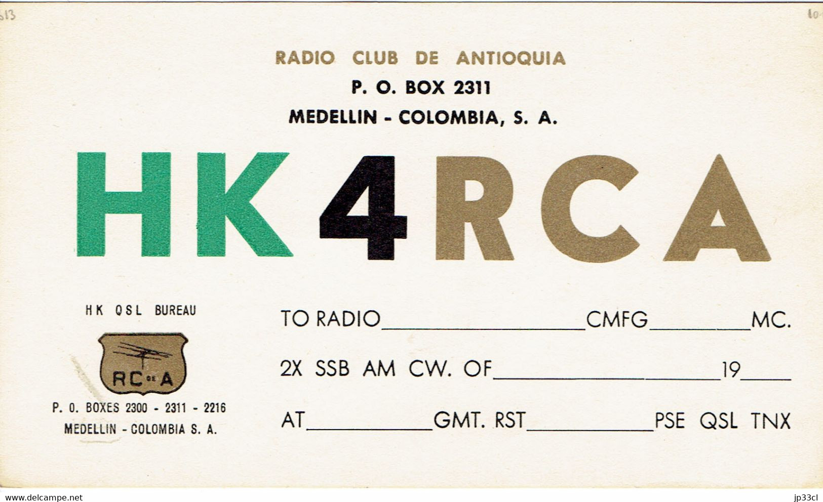 Antigua Tarjeta QSL De Radio Club De Antioquia (HK 4RCA), Medellin, Colombia (1967) - Radio