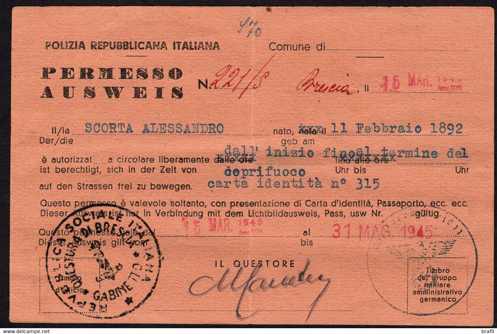 1945 Italia, * FASCISMO - RSI - Permesso Bilingue, Polizia Repubblicana Italiana - Autres & Non Classés