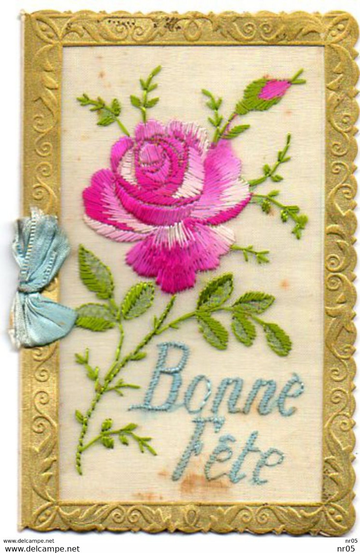 CARTE BRODEE Sur Tulle , BONNE FETE , Fleurs Et Cadre Doré, Ouverture Carte Avec Message Imprimé ( Voir Description ) - Ricamate