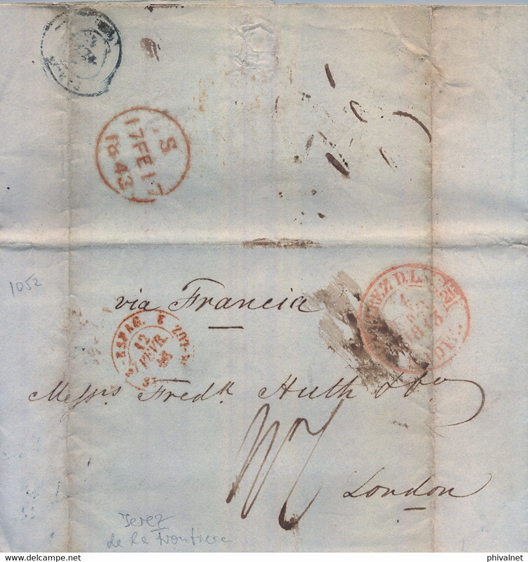 1843 , PREFILATELIA , CÁDIZ , CARTA COMPLETA  A LONDRES , JEREZ DE LA FRONTERA , TRÁNSITO ST. JEAN DE LUZ , LLEGADA - ...-1850 Prephilately