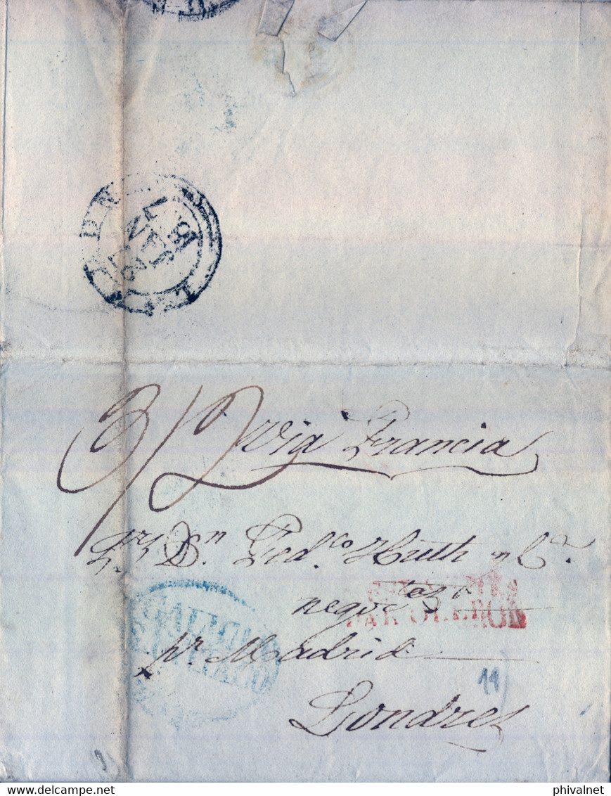 1837 , PREFILATELIA  , CARTA A LONDRES , SANTIAGO DE COMPOSTELA , ESPAGNE PAR OLERON EN ROJO , LLEGADA - ...-1850 Vorphilatelie